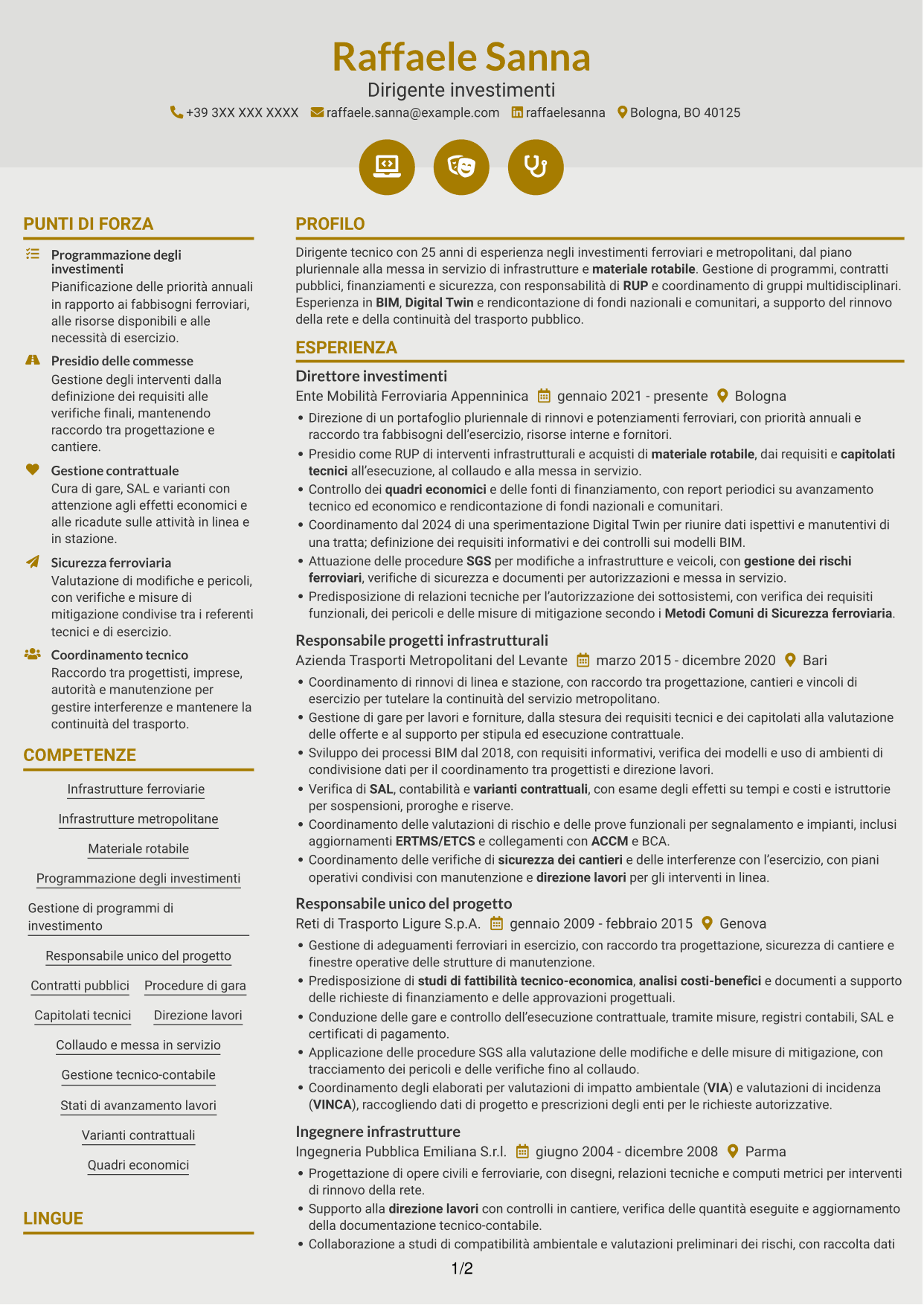 CV Dinamico (formato a due colonne con icone): Dirigente Investimenti - Infrastrutture ferroviarie e metropolitane, pagina 1
