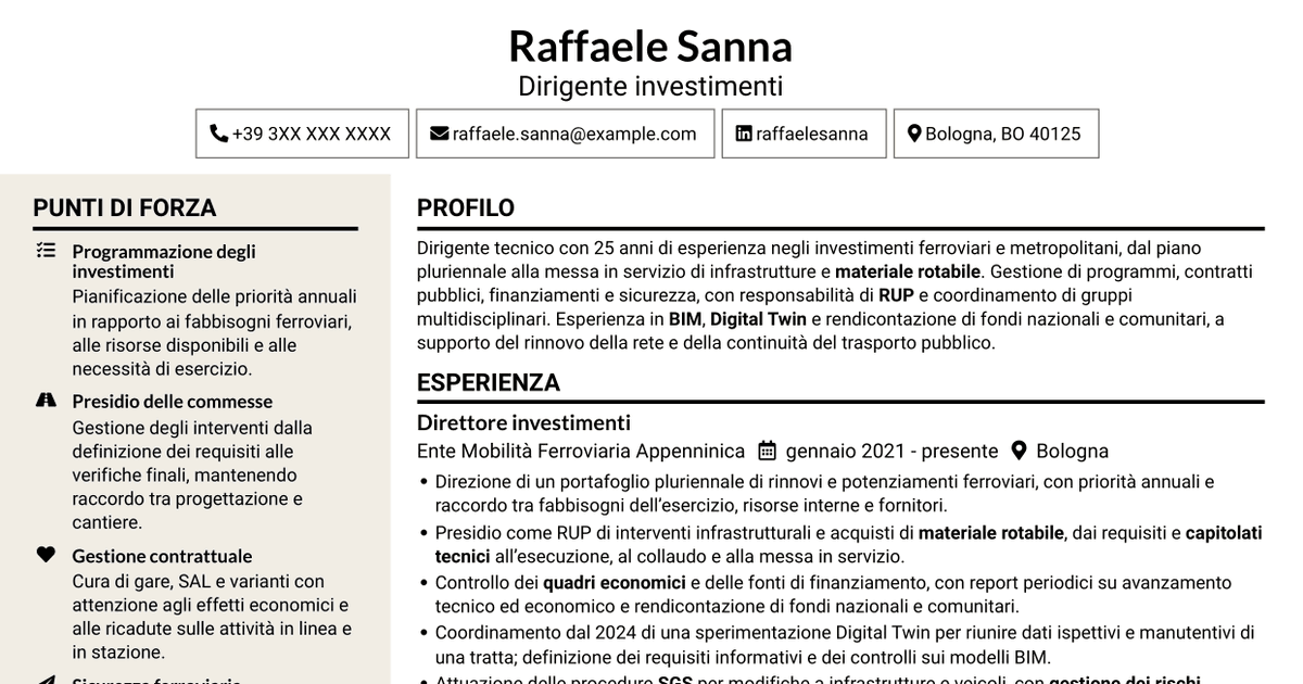 7 modelli di CV per Dirigente Investimenti - Infrastrutture ferroviarie e metropolitane, con esempi
