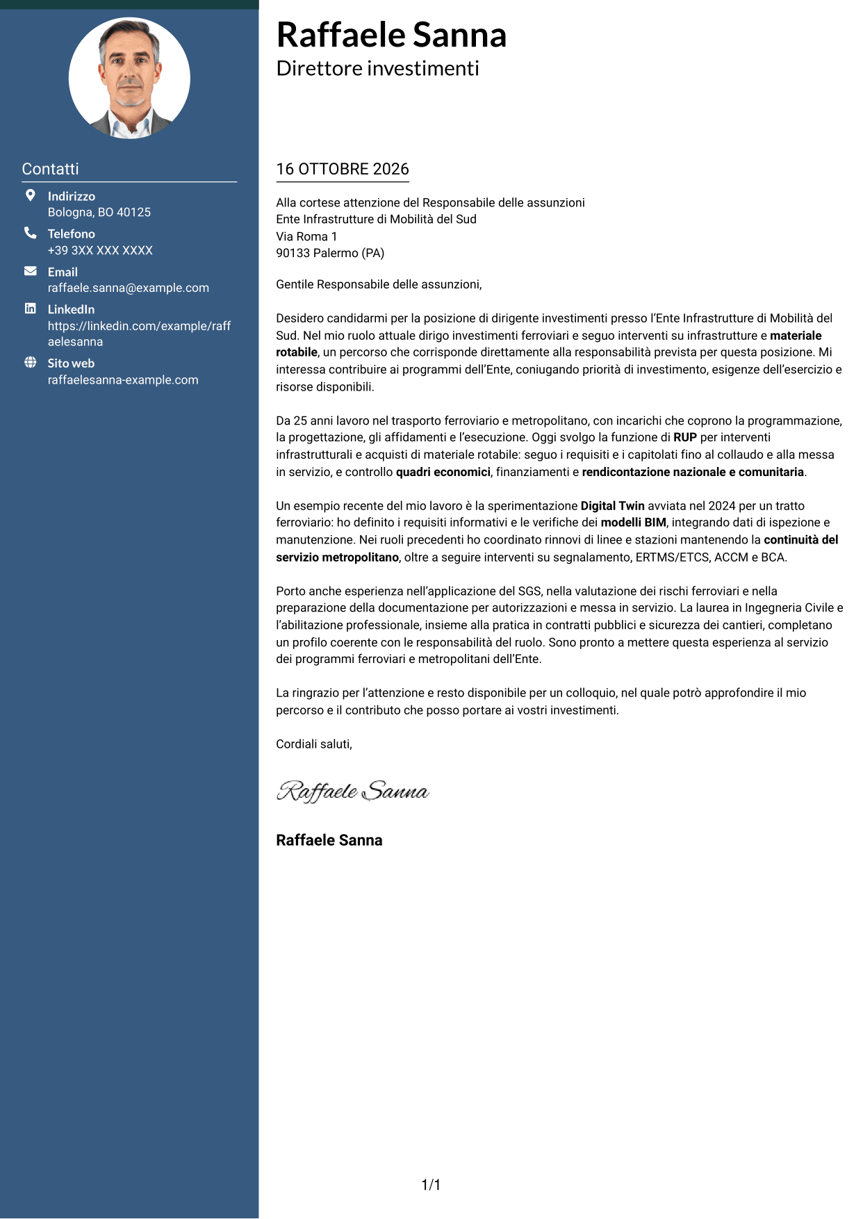 Lettera di presentazione Elegante (formato con colonna laterale colorata e foto): Dirigente Investimenti - Infrastrutture ferroviarie e metropolitane, pagina 1