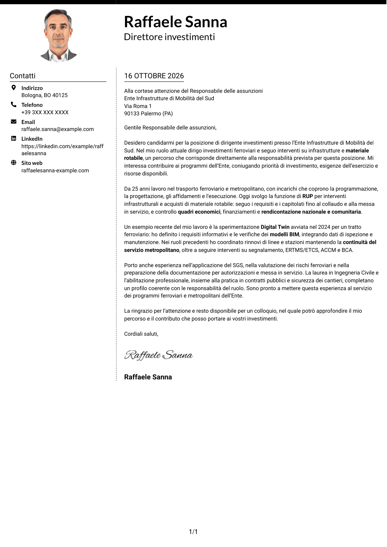 Lettera di presentazione Moderno (formato a due colonne con foto a sinistra e separatore): Dirigente Investimenti - Infrastrutture ferroviarie e metropolitane, pagina 1