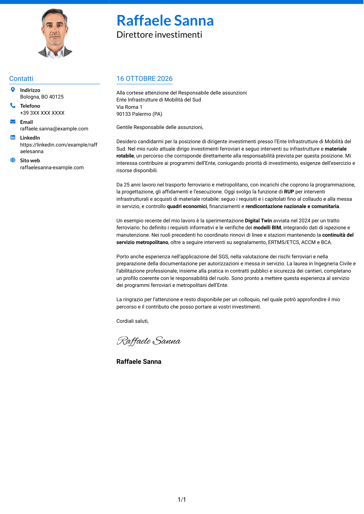 Lettera di presentazione Audace (formato a due colonne con accenti colorati e foto): Dirigente Investimenti - Infrastrutture ferroviarie e metropolitane, pagina 1