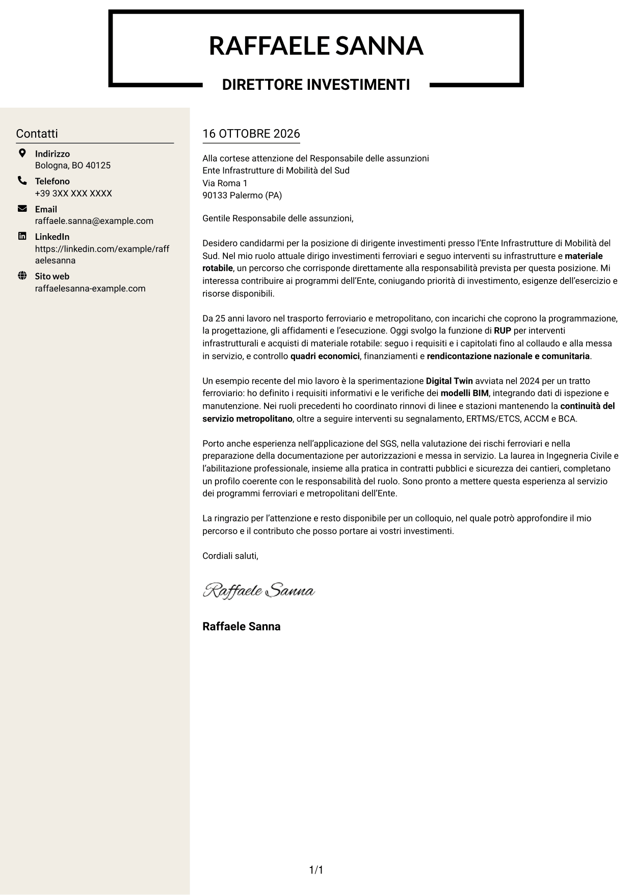 Lettera di presentazione Intraprendente (formato a due colonne con intestazione centrata senza foto): Dirigente Investimenti - Infrastrutture ferroviarie e metropolitane, pagina 1
