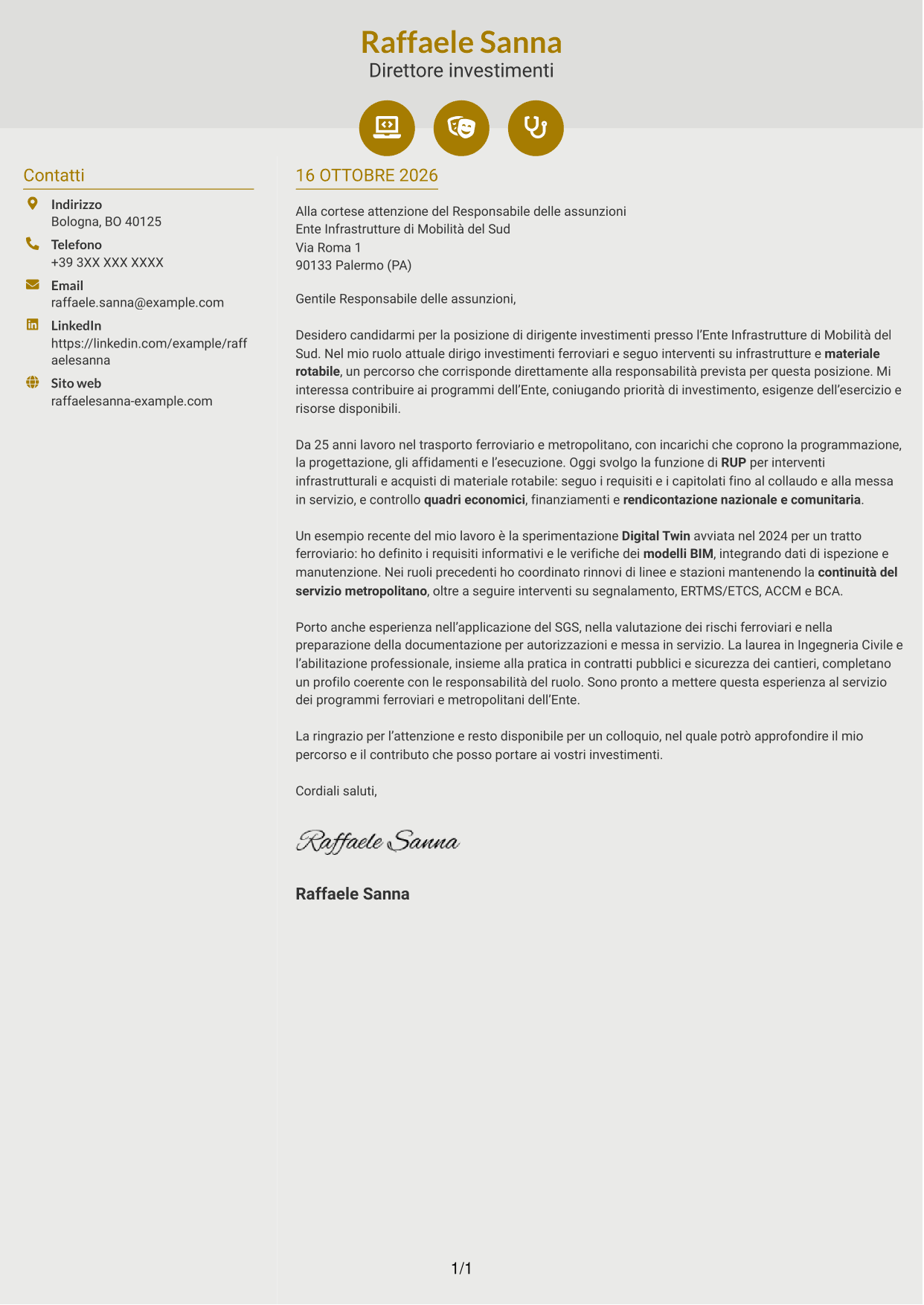 Lettera di presentazione Dinamico (formato a due colonne con icone): Dirigente Investimenti - Infrastrutture ferroviarie e metropolitane, pagina 1