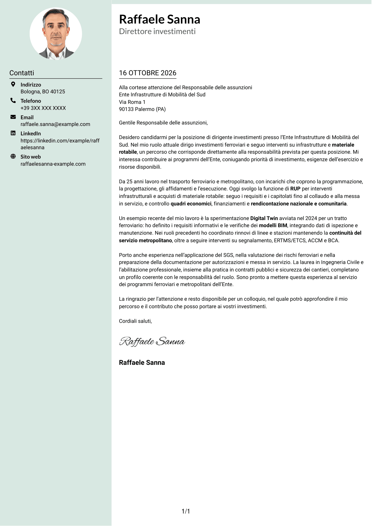 Lettera di presentazione Dirigente (formato con colonna laterale tenue e foto arrotondata): Dirigente Investimenti - Infrastrutture ferroviarie e metropolitane, pagina 1