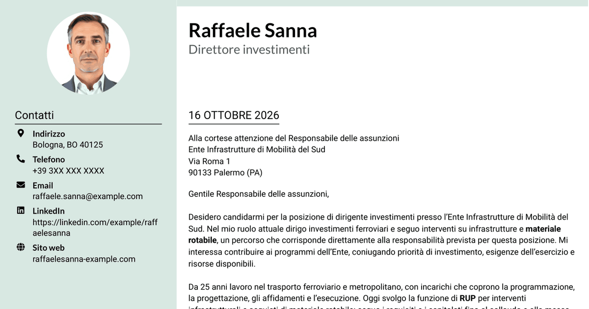 7 modelli di lettera di presentazione per Dirigente Investimenti - Infrastrutture ferroviarie e metropolitane, con esempi
