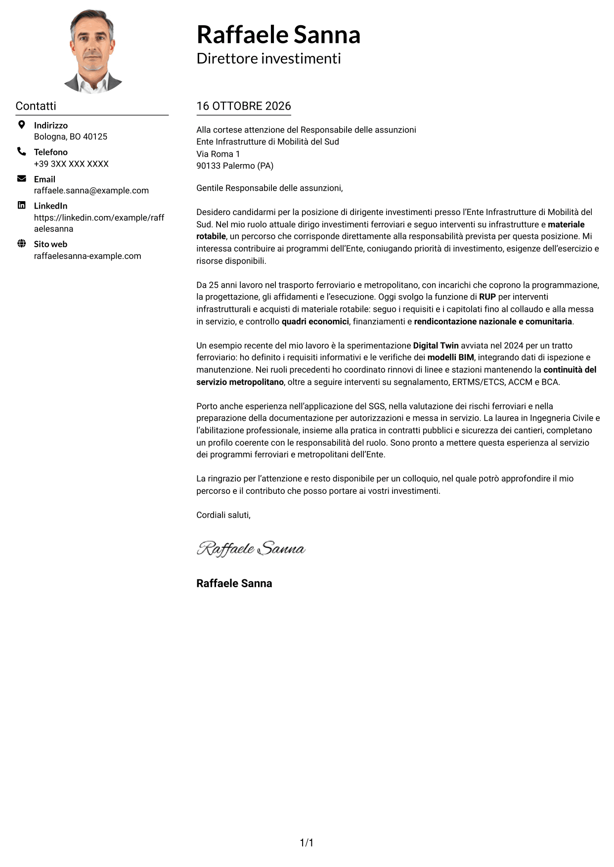 Esempio di lettera di presentazione — pagina 1