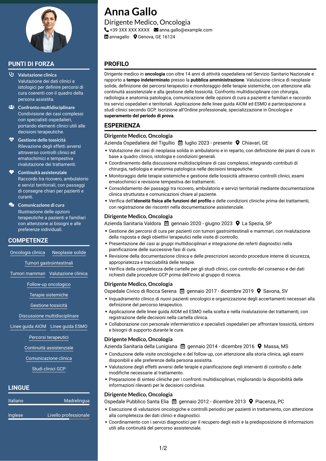 CV Elegante (formato con colonna laterale colorata e foto): Dirigente Medico - Oncologia, pagina 1