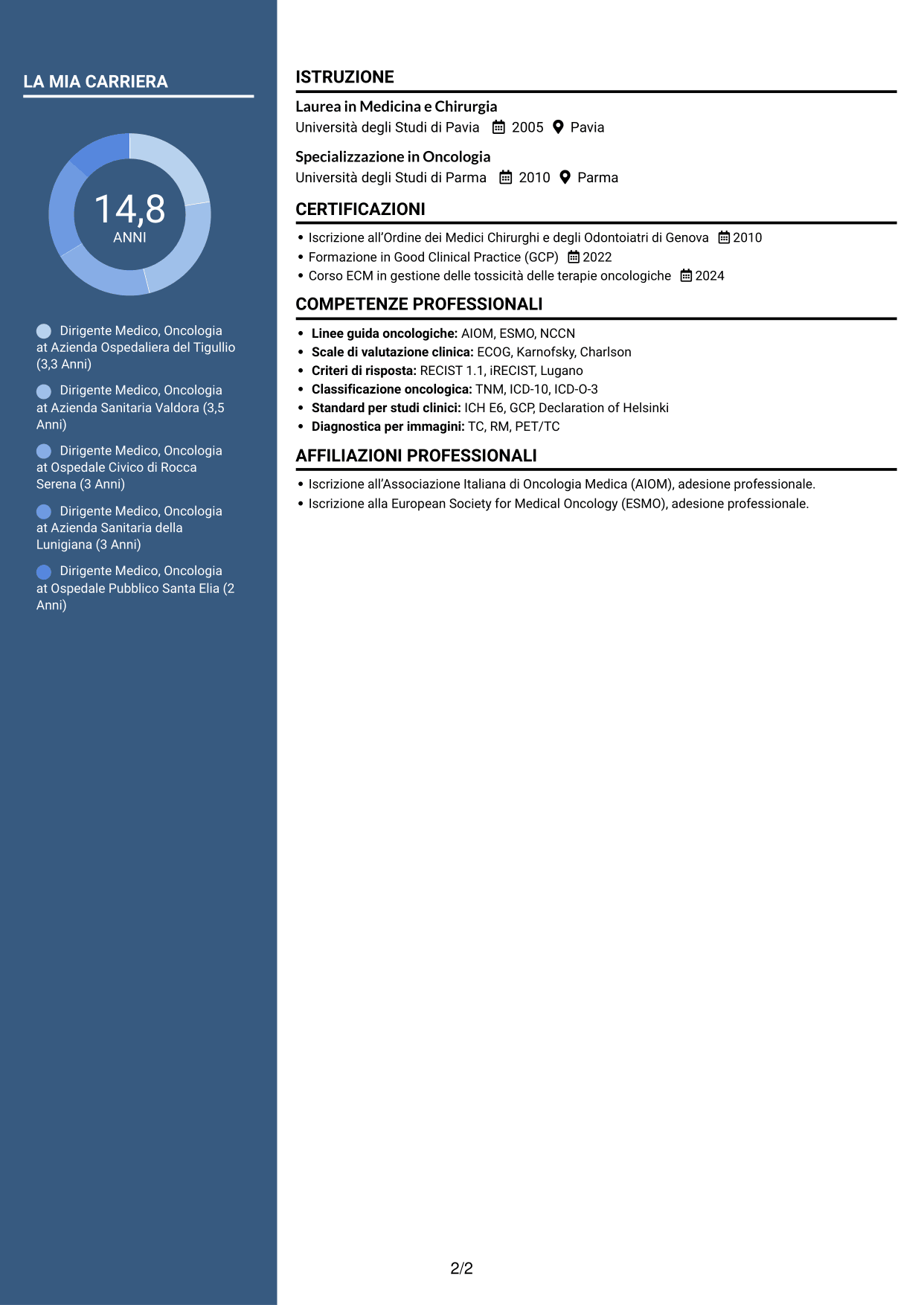 CV Elegante (formato con colonna laterale colorata e foto): Dirigente Medico - Oncologia, pagina 2