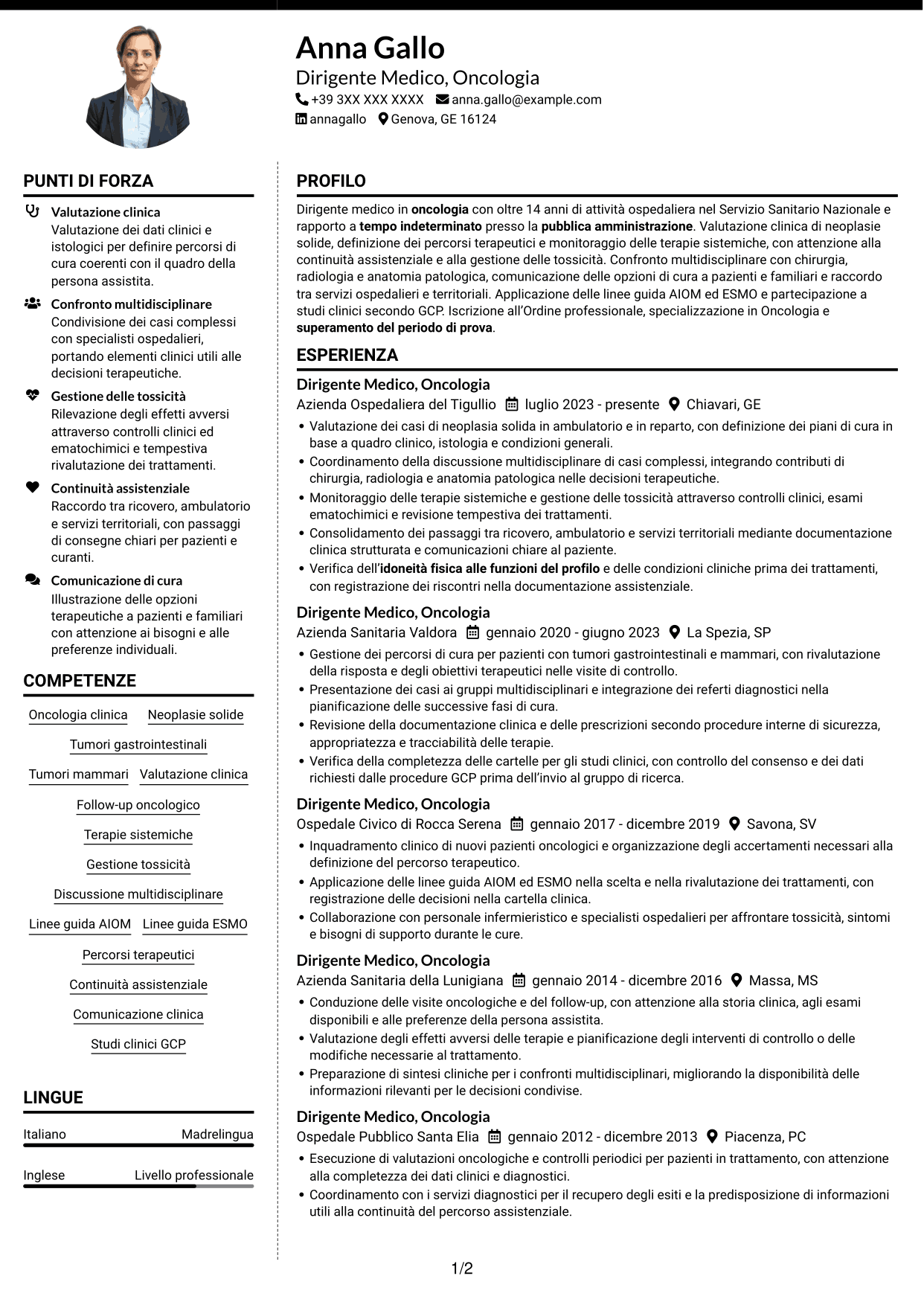 CV Moderno (formato a due colonne con foto a sinistra e separatore): Dirigente Medico - Oncologia, pagina 1