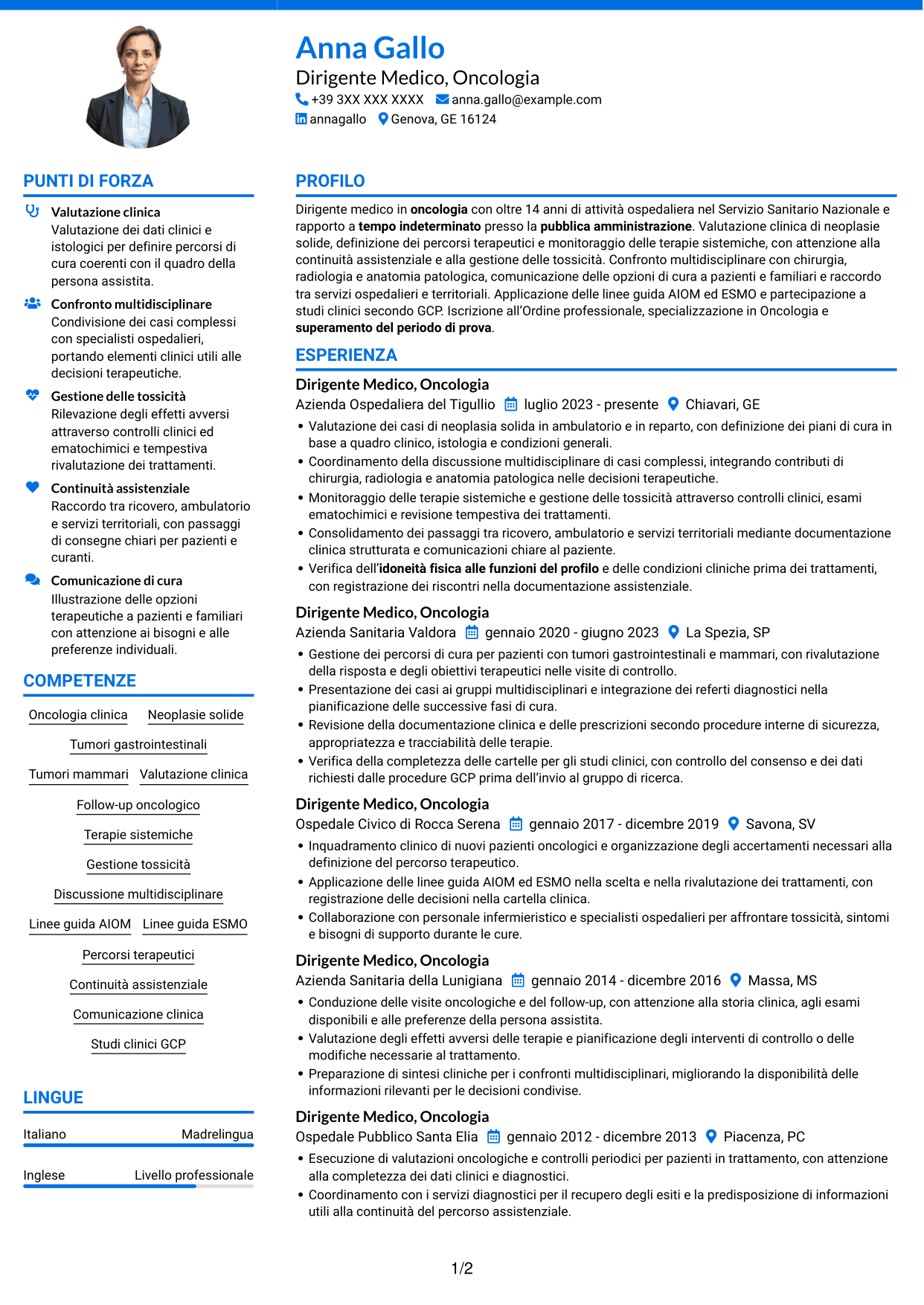 CV Audace (formato a due colonne con accenti colorati e foto): Dirigente Medico - Oncologia, pagina 1