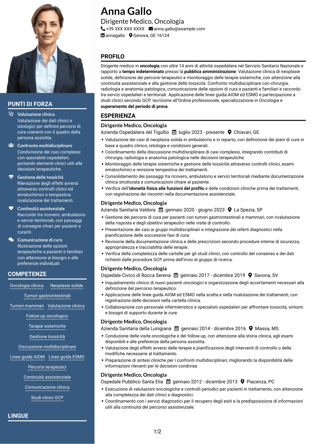 CV Signature (formato con colonna laterale colorata e foto grande): Dirigente Medico - Oncologia, pagina 1