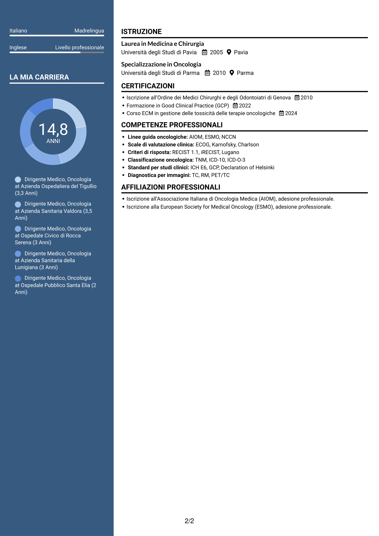 CV Signature (formato con colonna laterale colorata e foto grande): Dirigente Medico - Oncologia, pagina 2