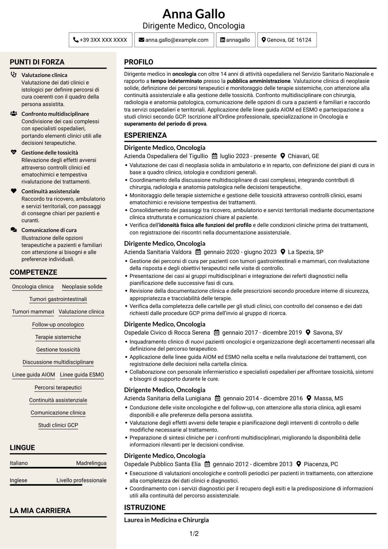 CV Intraprendente (formato a due colonne con intestazione centrata senza foto): Dirigente Medico - Oncologia, pagina 1