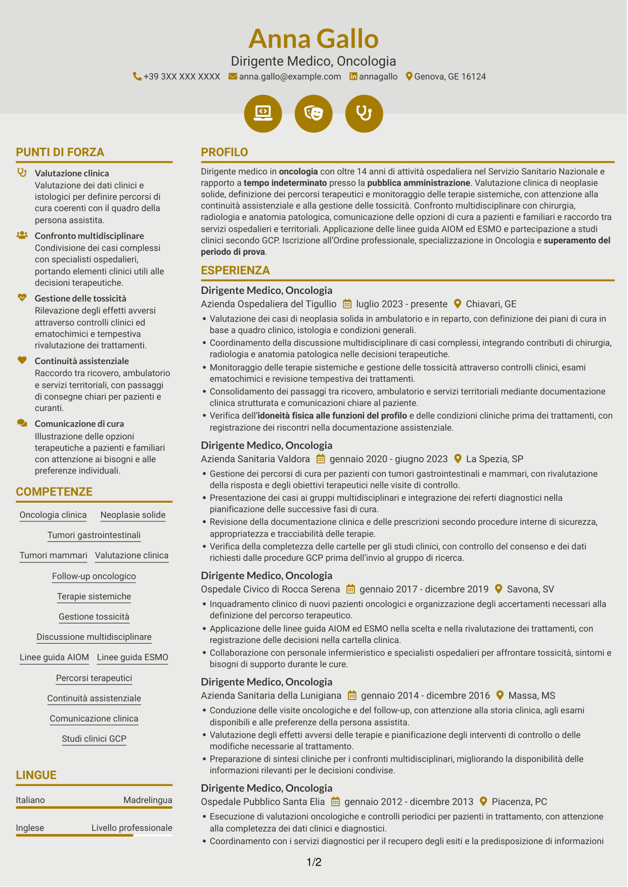 CV Dinamico (formato a due colonne con icone): Dirigente Medico - Oncologia, pagina 1