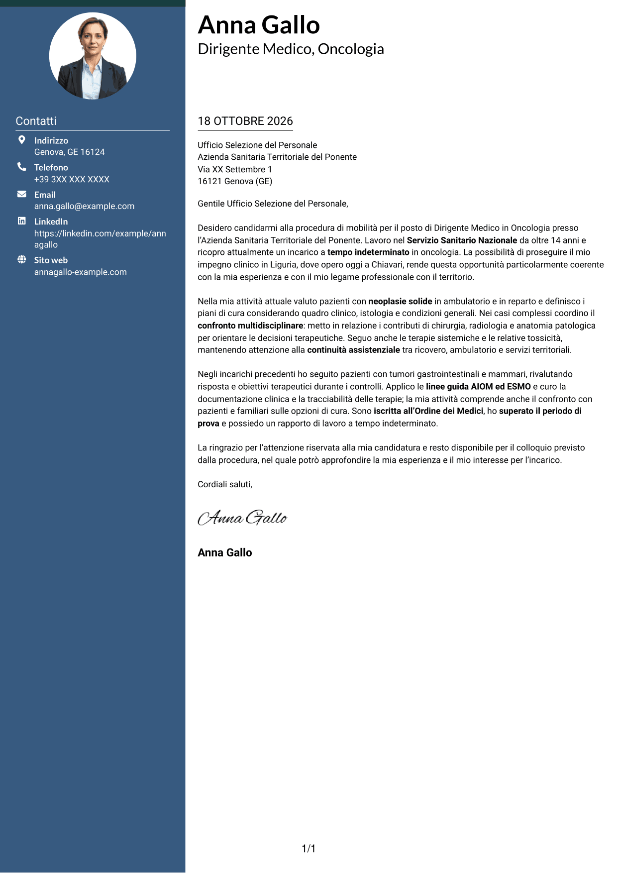 Lettera di presentazione Elegante (formato con colonna laterale colorata e foto): Dirigente Medico - Oncologia, pagina 1