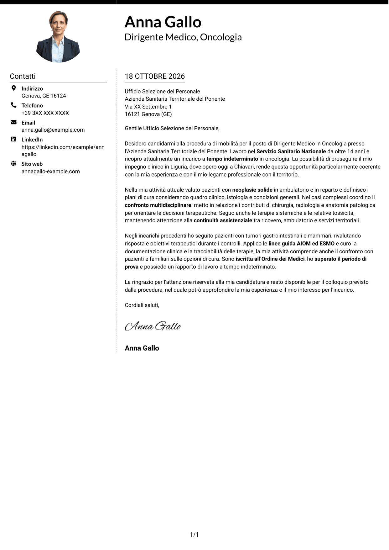 Lettera di presentazione Moderno (formato a due colonne con foto a sinistra e separatore): Dirigente Medico - Oncologia, pagina 1