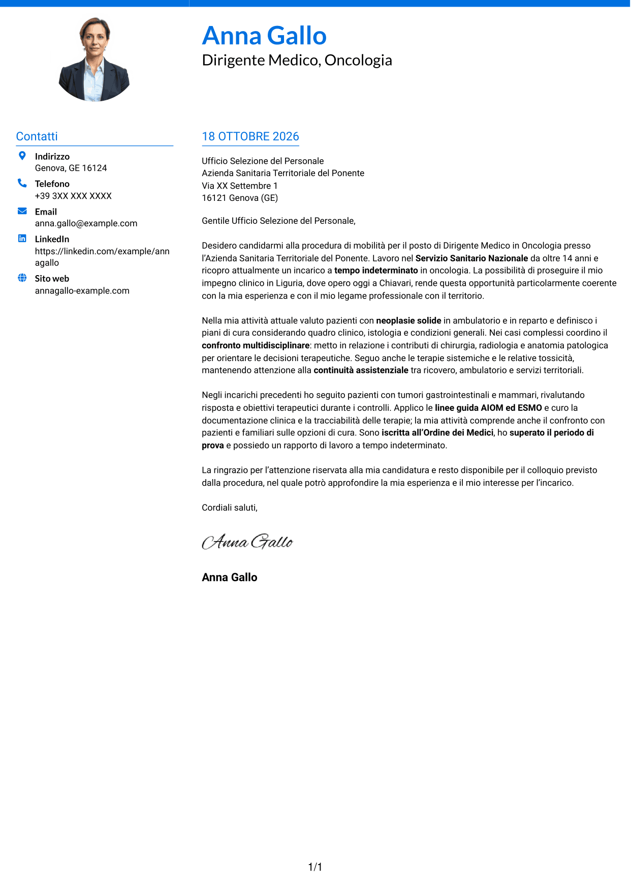 Lettera di presentazione Audace (formato a due colonne con accenti colorati e foto): Dirigente Medico - Oncologia, pagina 1