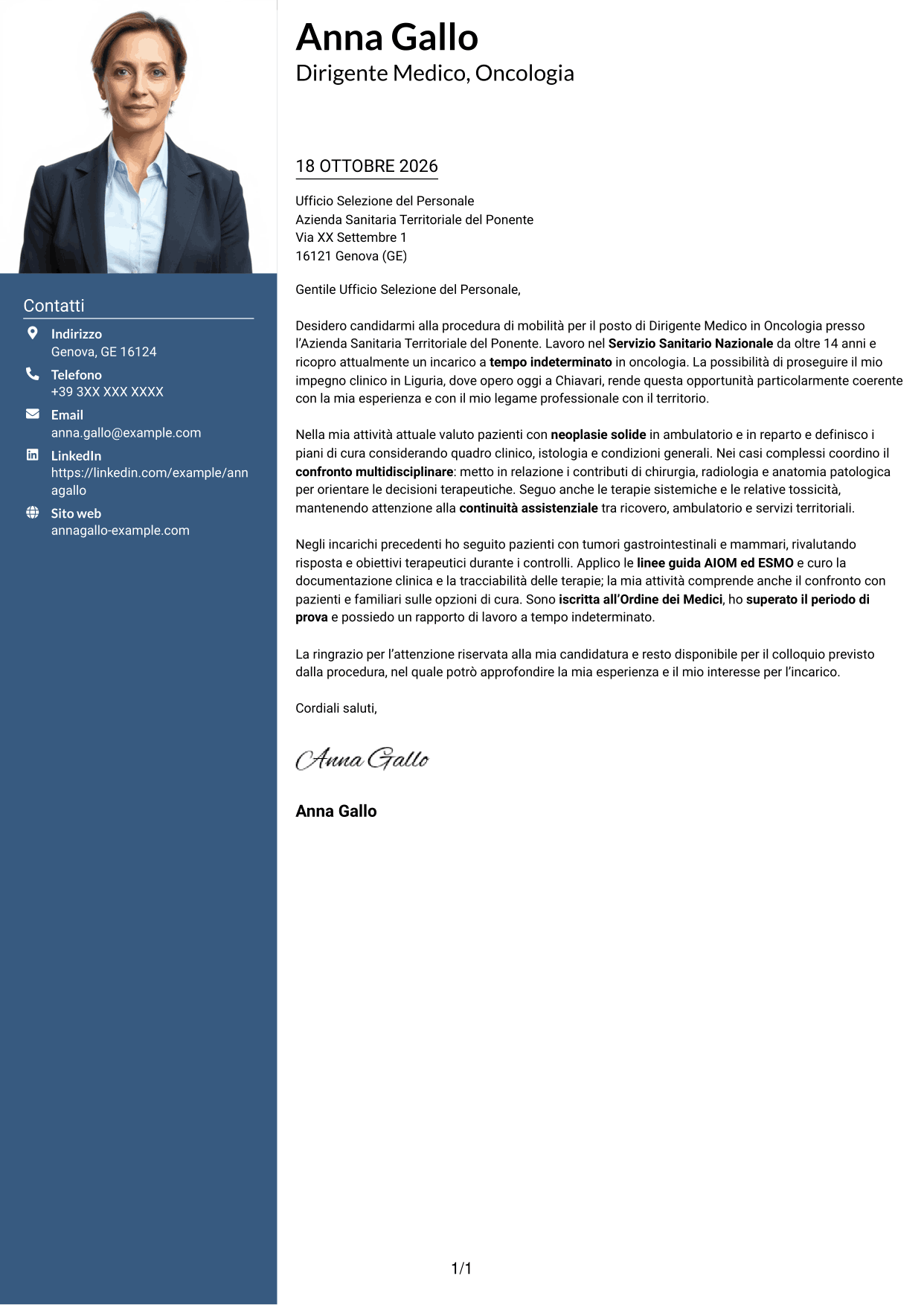 Lettera di presentazione Signature (formato con colonna laterale colorata e foto grande): Dirigente Medico - Oncologia, pagina 1