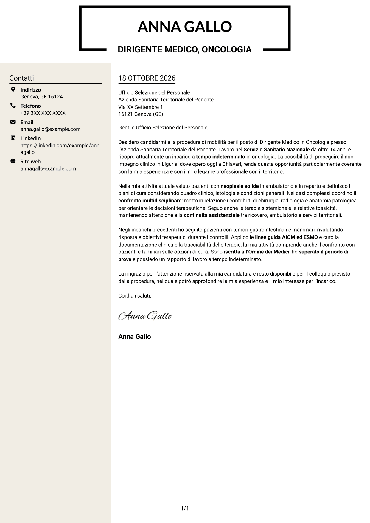 Lettera di presentazione Intraprendente (formato a due colonne con intestazione centrata senza foto): Dirigente Medico - Oncologia, pagina 1