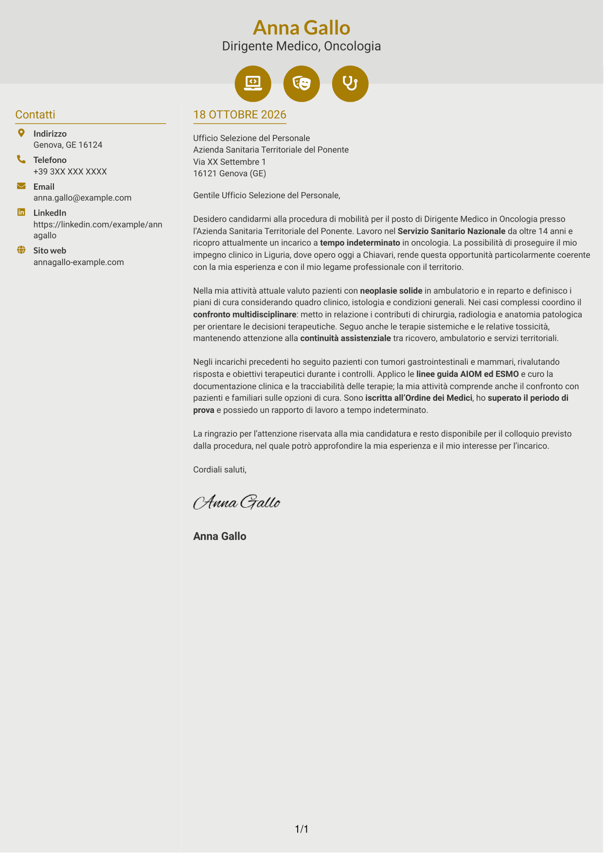 Lettera di presentazione Dinamico (formato a due colonne con icone): Dirigente Medico - Oncologia, pagina 1