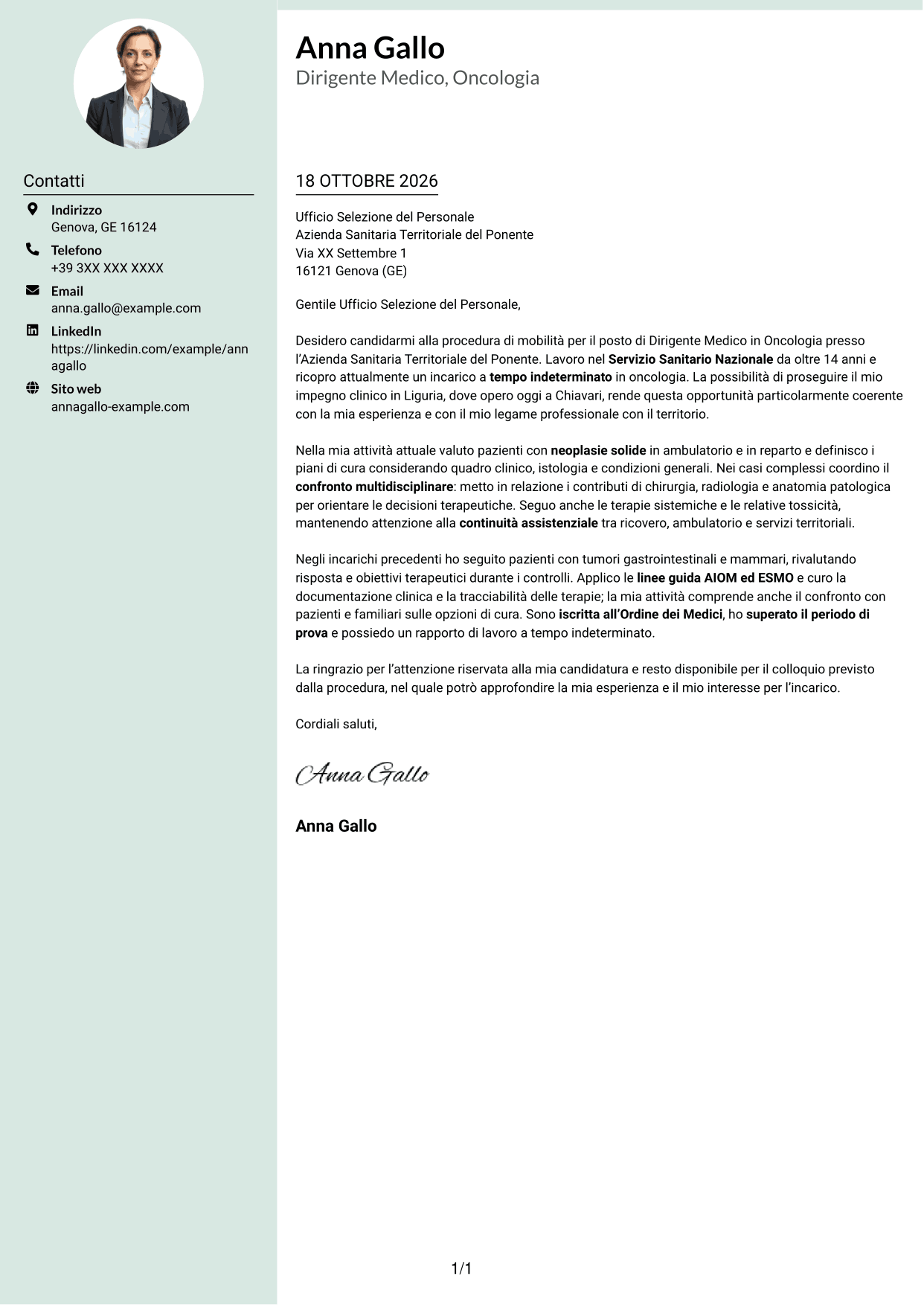Lettera di presentazione Dirigente (formato con colonna laterale tenue e foto arrotondata): Dirigente Medico - Oncologia, pagina 1