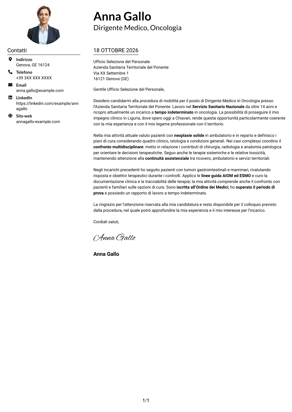 Esempio di lettera di presentazione — pagina 1