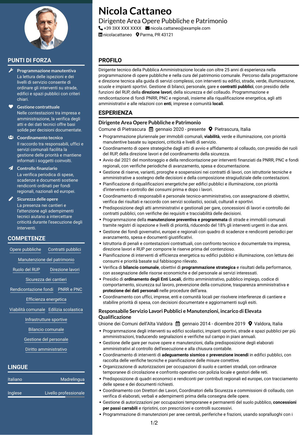 CV Elegante (formato con colonna laterale colorata e foto): Dirigente - Opere Pubbliche e Manutenzione del Patrimonio, pagina 1