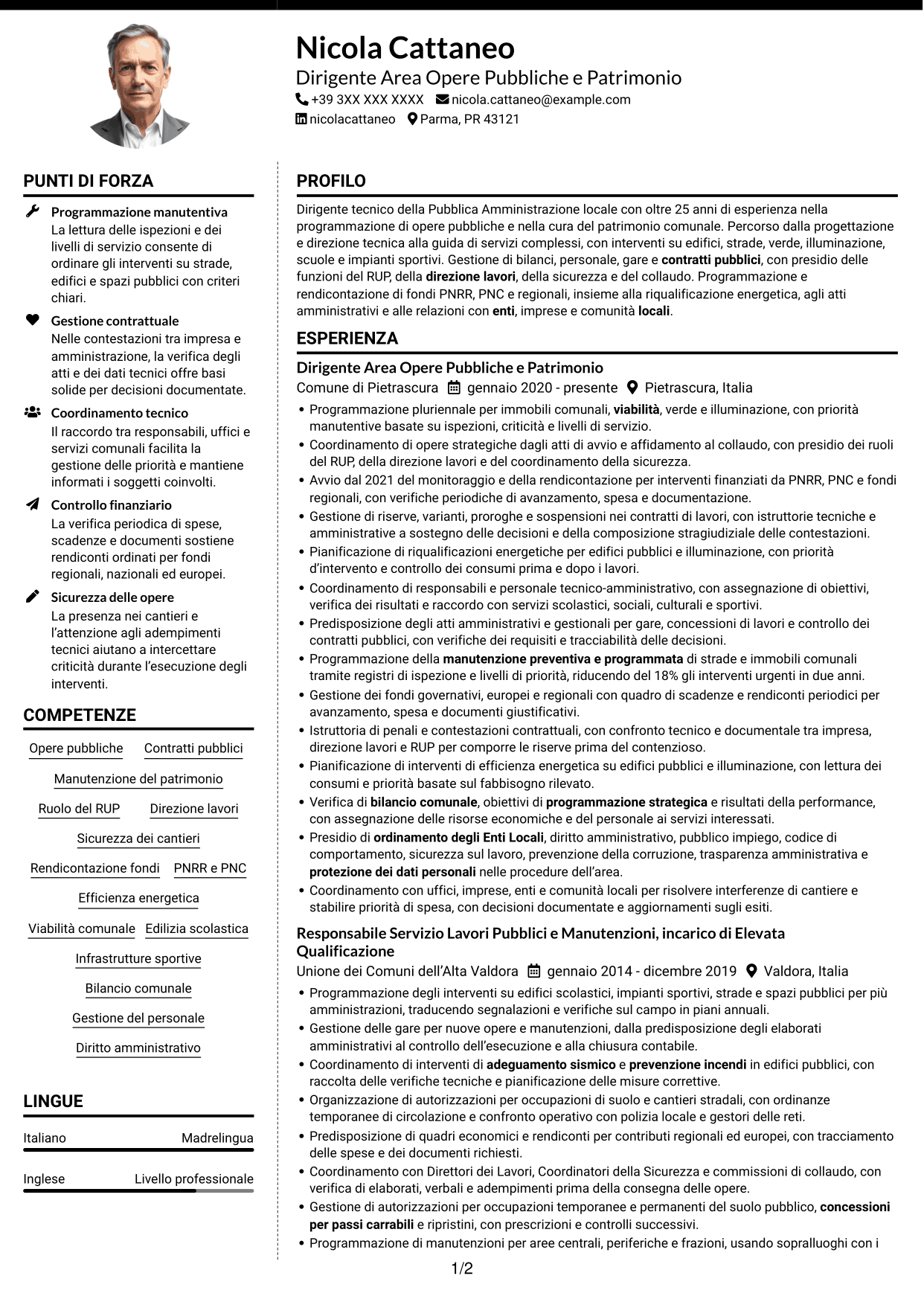 CV Moderno (formato a due colonne con foto a sinistra e separatore): Dirigente - Opere Pubbliche e Manutenzione del Patrimonio, pagina 1