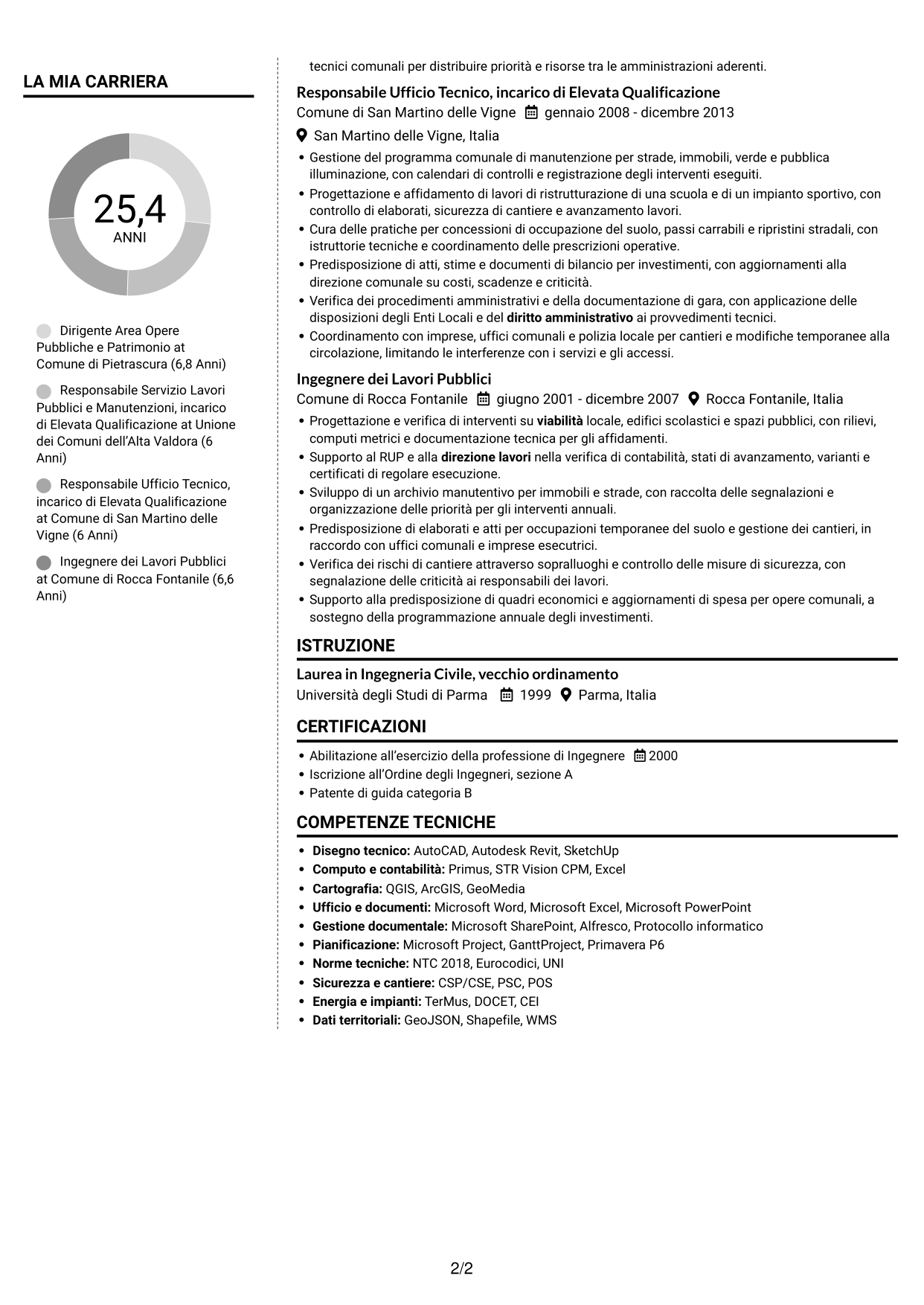 CV Moderno (formato a due colonne con foto a sinistra e separatore): Dirigente - Opere Pubbliche e Manutenzione del Patrimonio, pagina 2