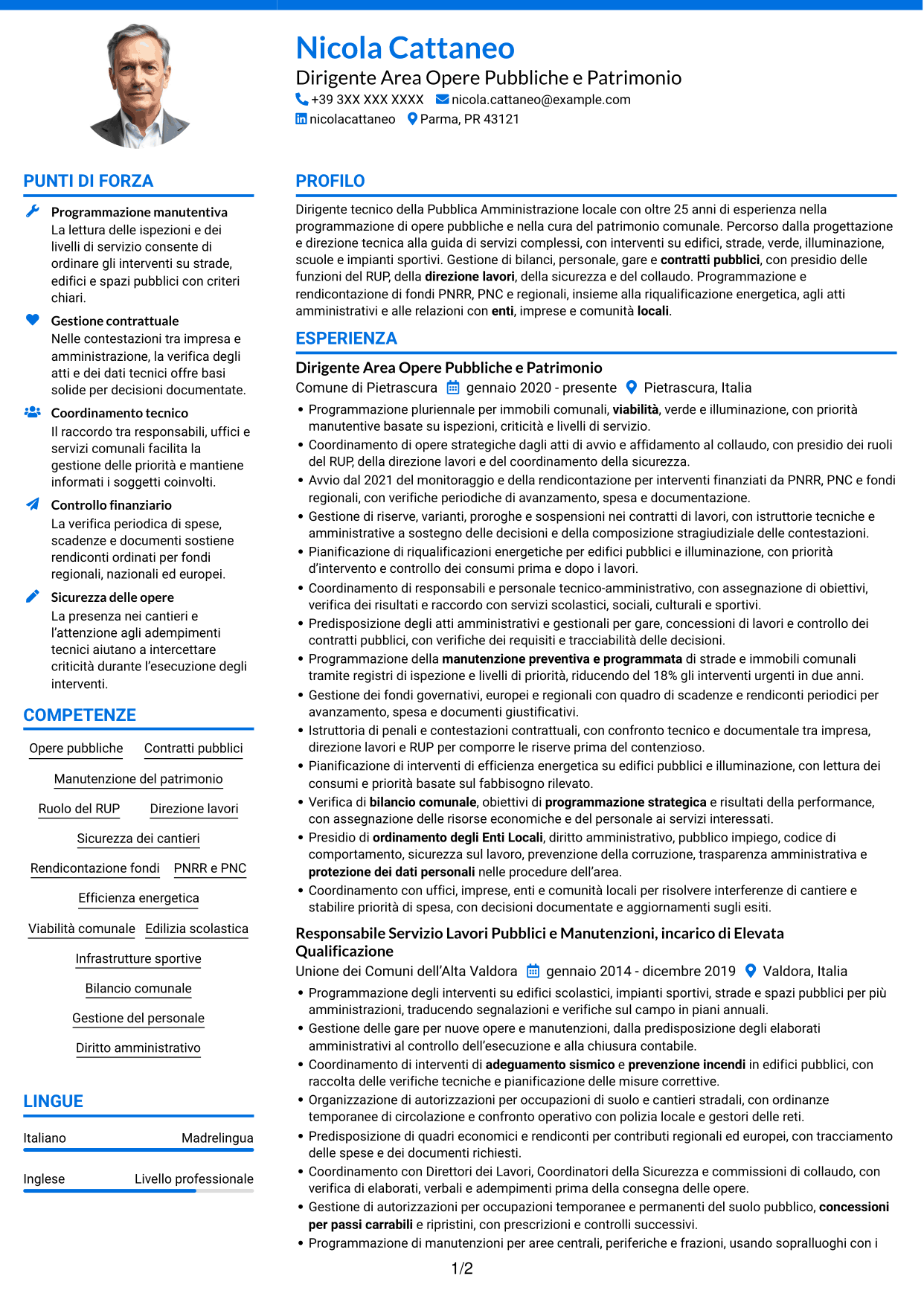 CV Audace (formato a due colonne con accenti colorati e foto): Dirigente - Opere Pubbliche e Manutenzione del Patrimonio, pagina 1