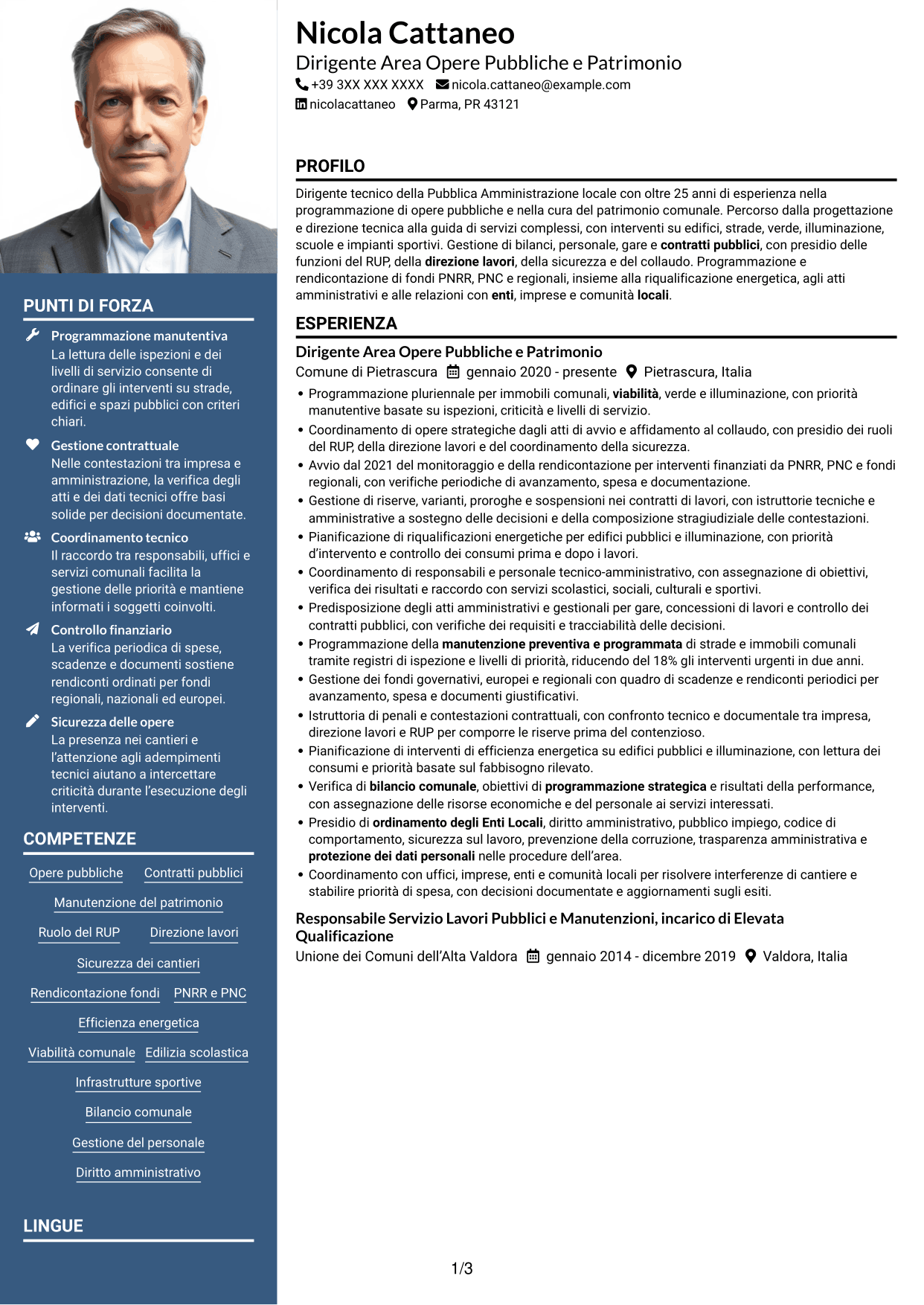 CV Signature (formato con colonna laterale colorata e foto grande): Dirigente - Opere Pubbliche e Manutenzione del Patrimonio, pagina 1