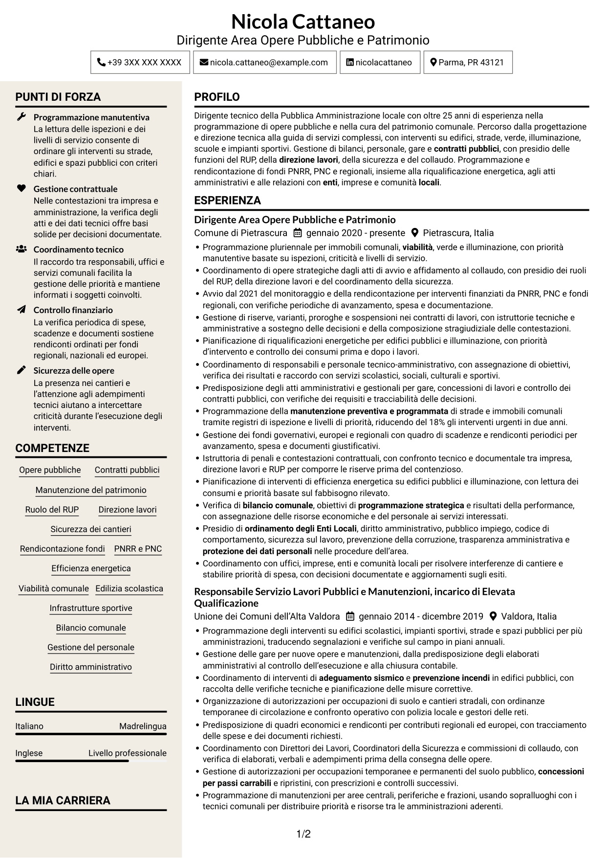 CV Intraprendente (formato a due colonne con intestazione centrata senza foto): Dirigente - Opere Pubbliche e Manutenzione del Patrimonio, pagina 1