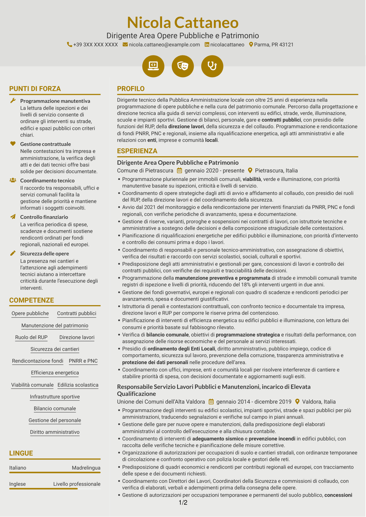 CV Dinamico (formato a due colonne con icone): Dirigente - Opere Pubbliche e Manutenzione del Patrimonio, pagina 1