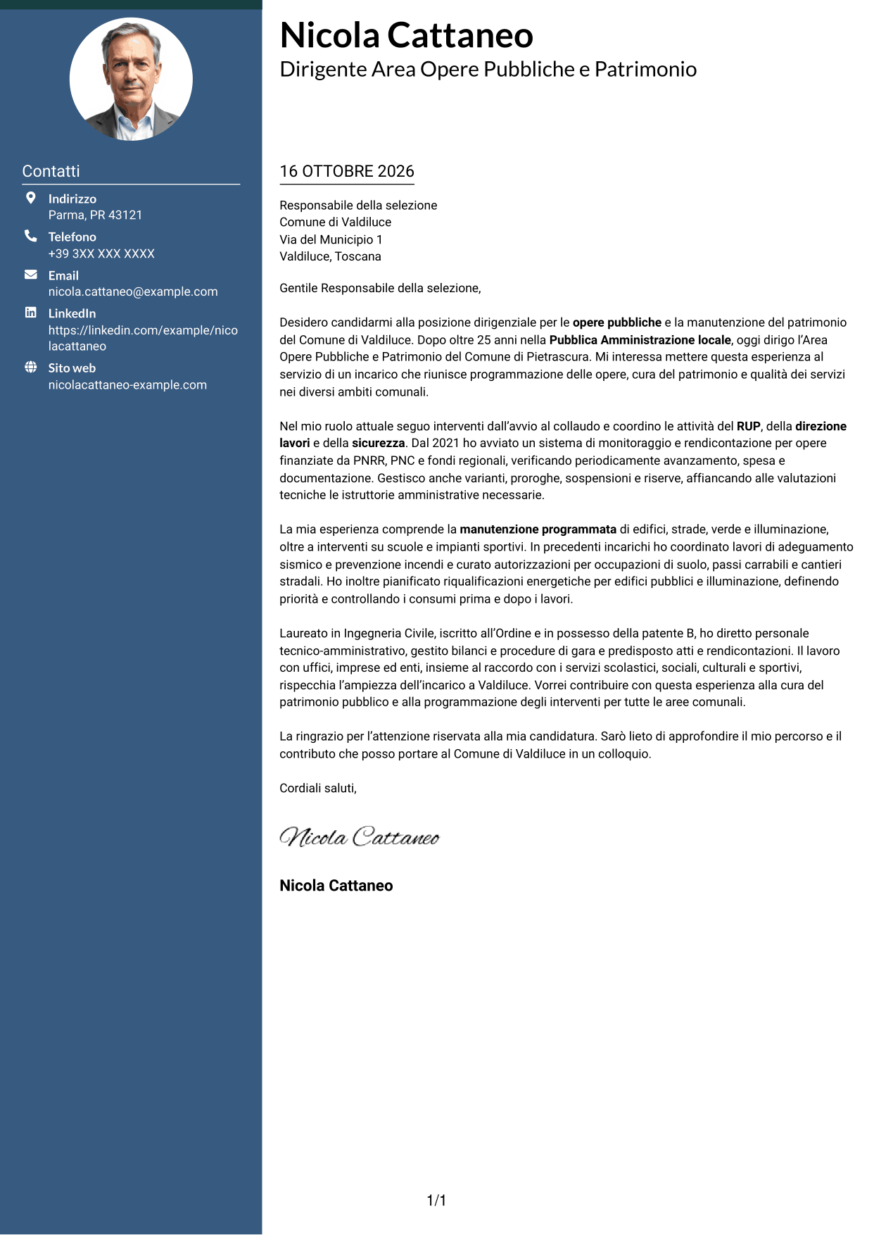 Lettera di presentazione Elegante (formato con colonna laterale colorata e foto): Dirigente - Opere Pubbliche e Manutenzione del Patrimonio, pagina 1