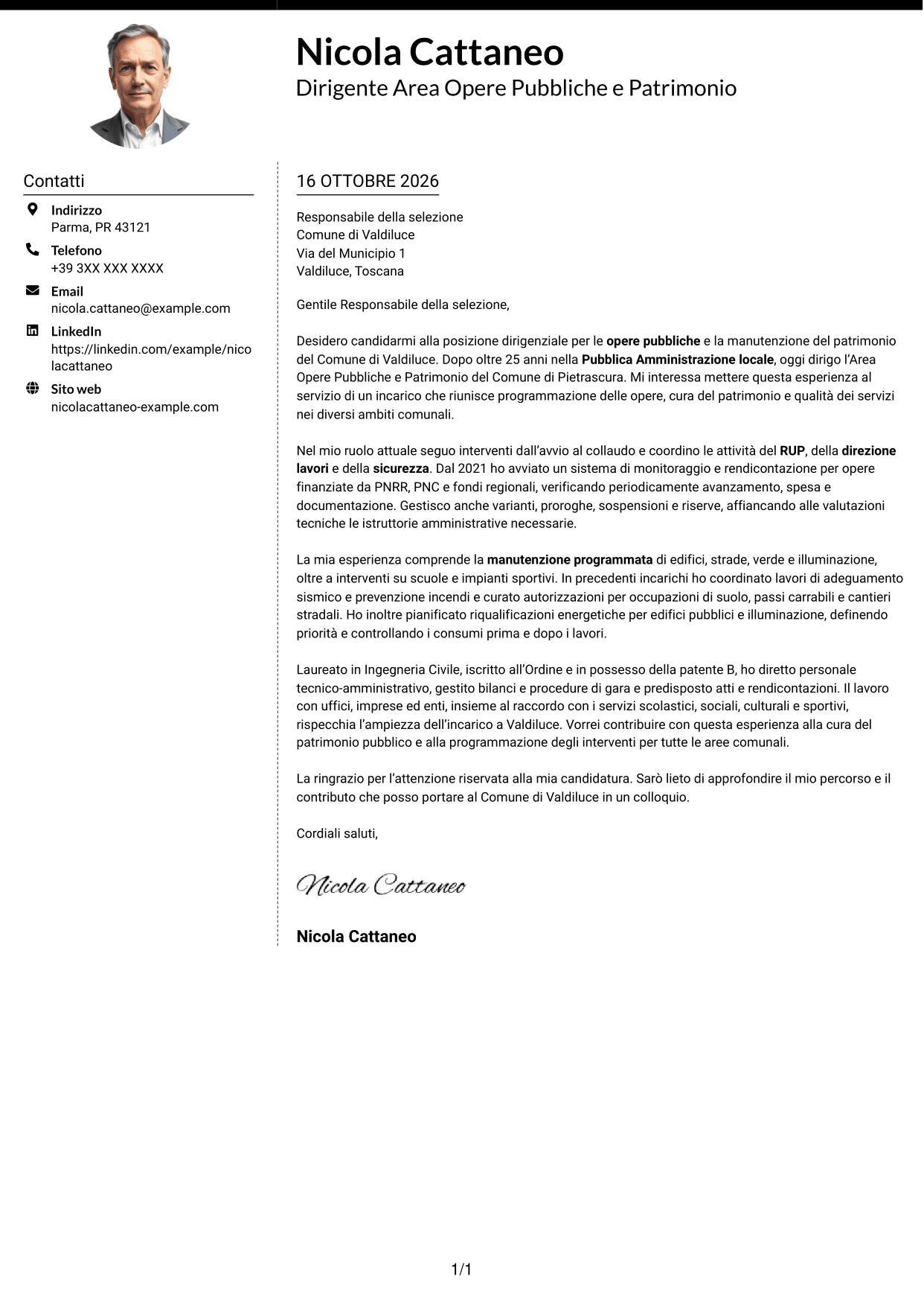 Lettera di presentazione Moderno (formato a due colonne con foto a sinistra e separatore): Dirigente - Opere Pubbliche e Manutenzione del Patrimonio, pagina 1