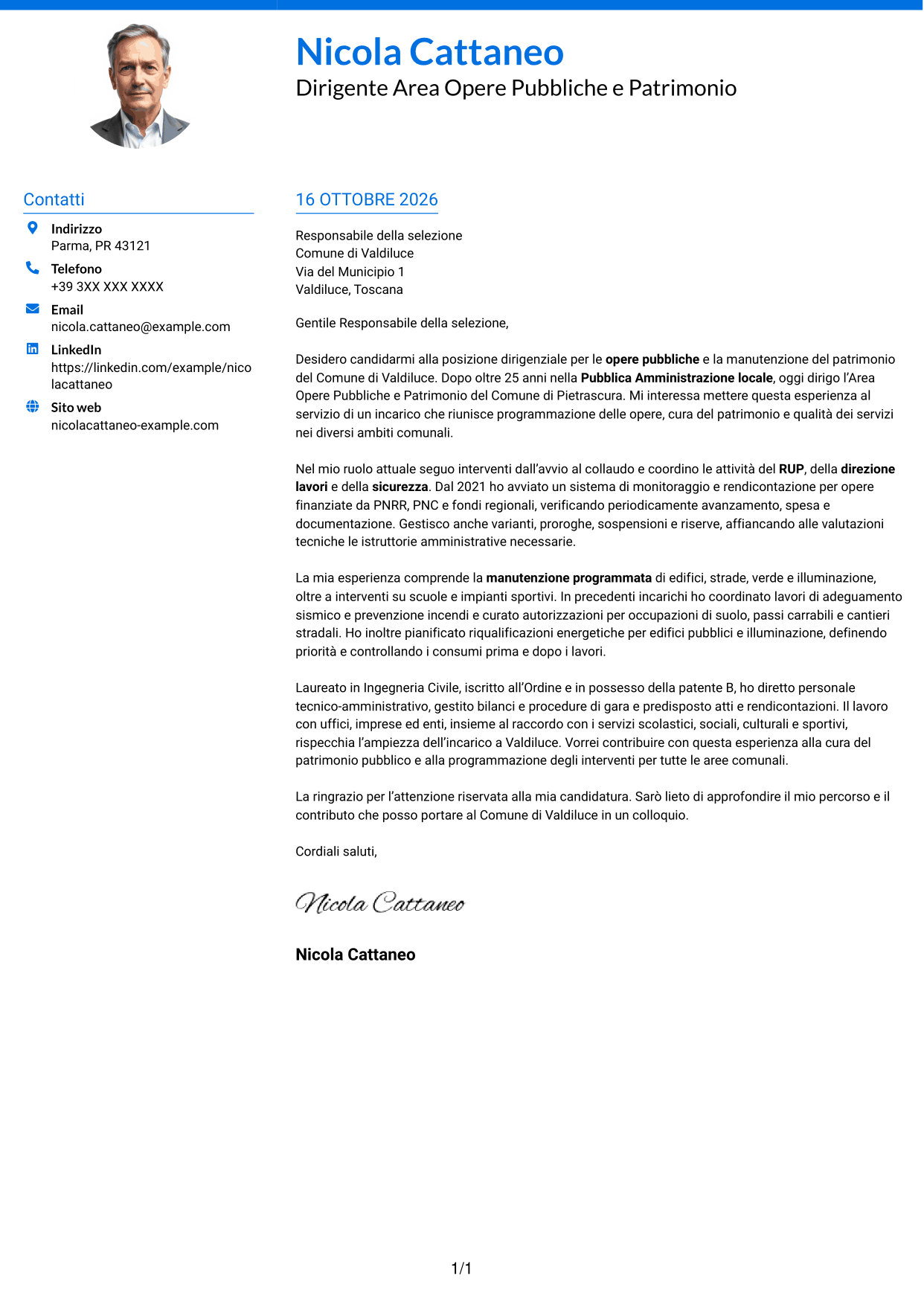 Lettera di presentazione Audace (formato a due colonne con accenti colorati e foto): Dirigente - Opere Pubbliche e Manutenzione del Patrimonio, pagina 1