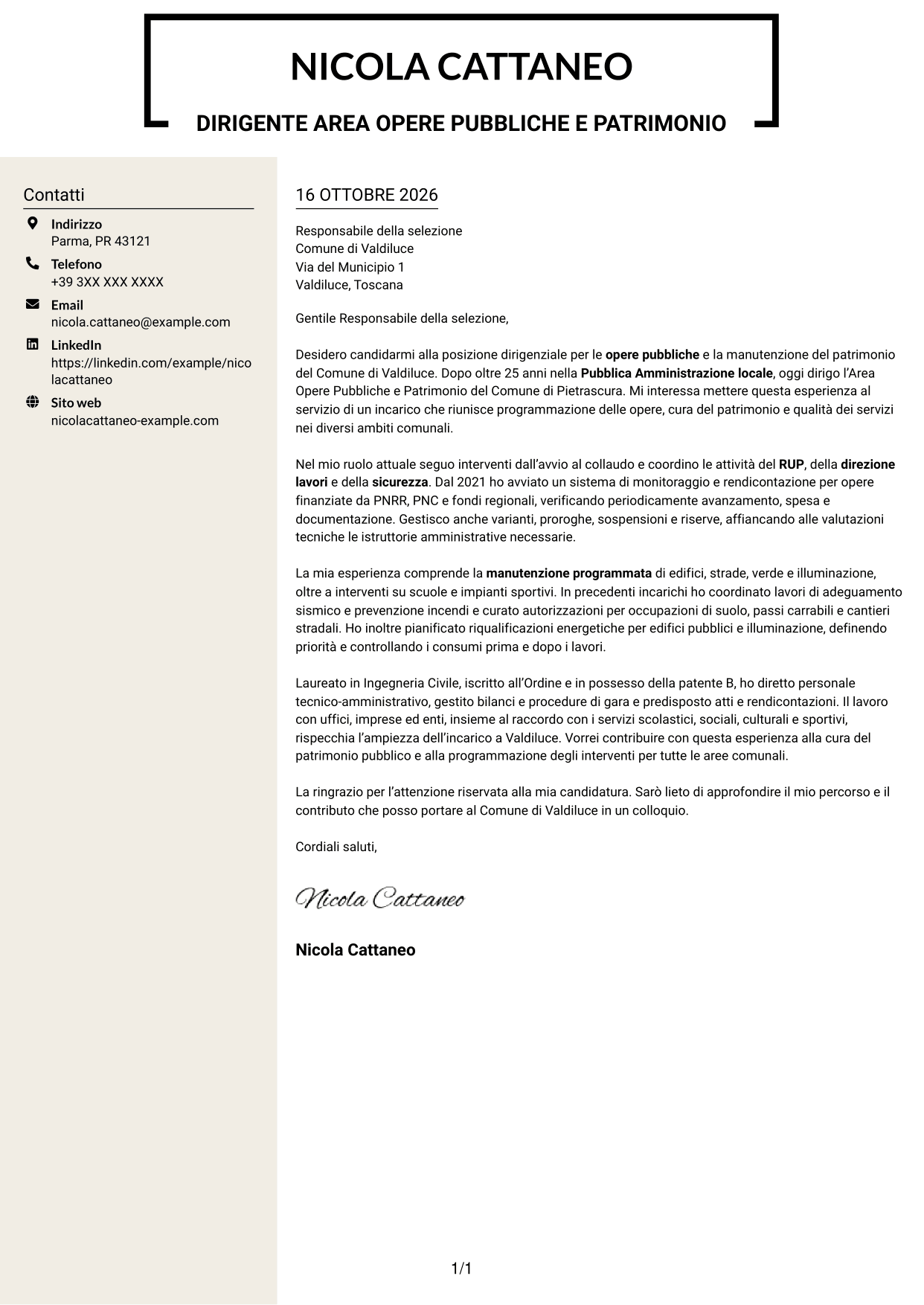 Lettera di presentazione Intraprendente (formato a due colonne con intestazione centrata senza foto): Dirigente - Opere Pubbliche e Manutenzione del Patrimonio, pagina 1