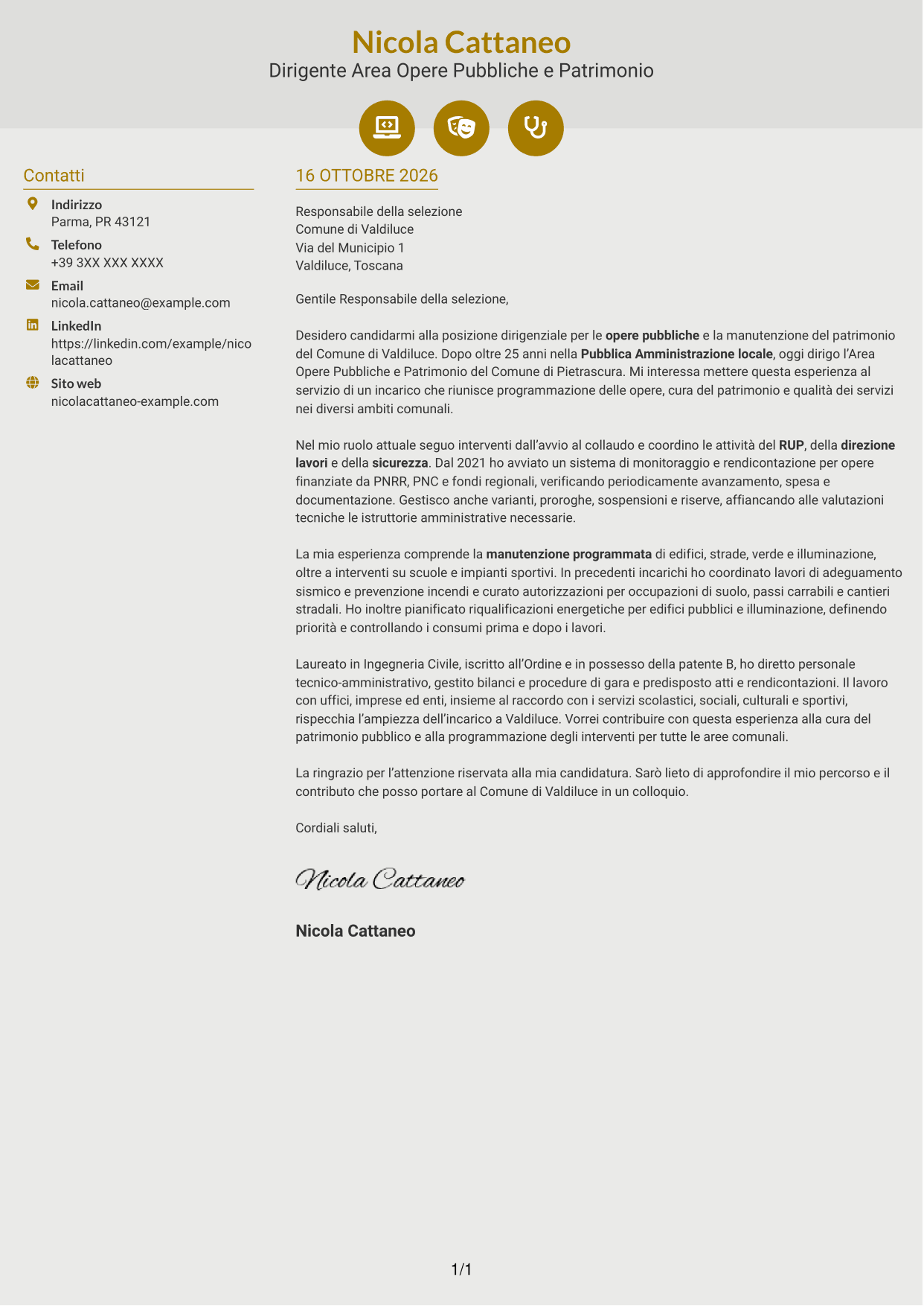 Lettera di presentazione Dinamico (formato a due colonne con icone): Dirigente - Opere Pubbliche e Manutenzione del Patrimonio, pagina 1