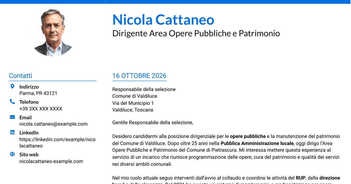 7 modelli di lettera di presentazione per Dirigente - Opere Pubbliche e Manutenzione del Patrimonio, con esempi