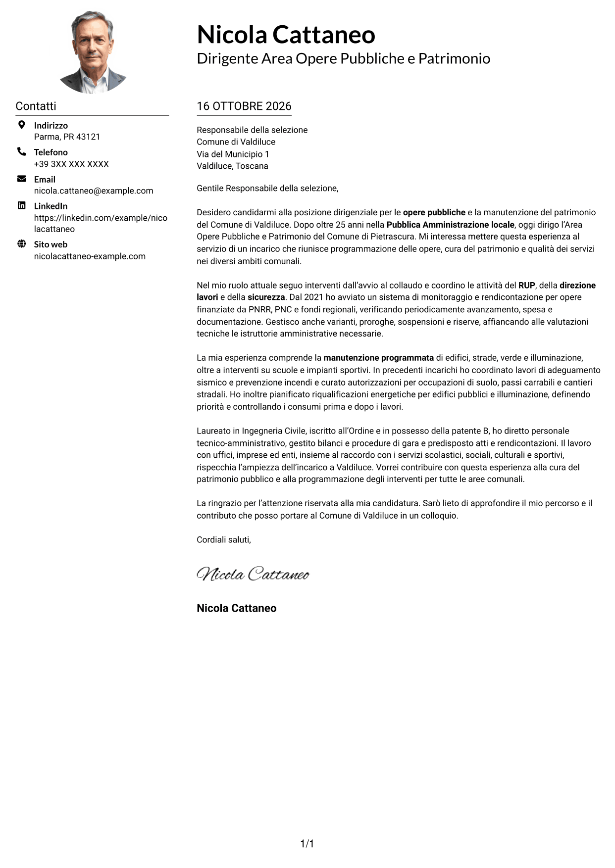 Esempio di lettera di presentazione — pagina 1