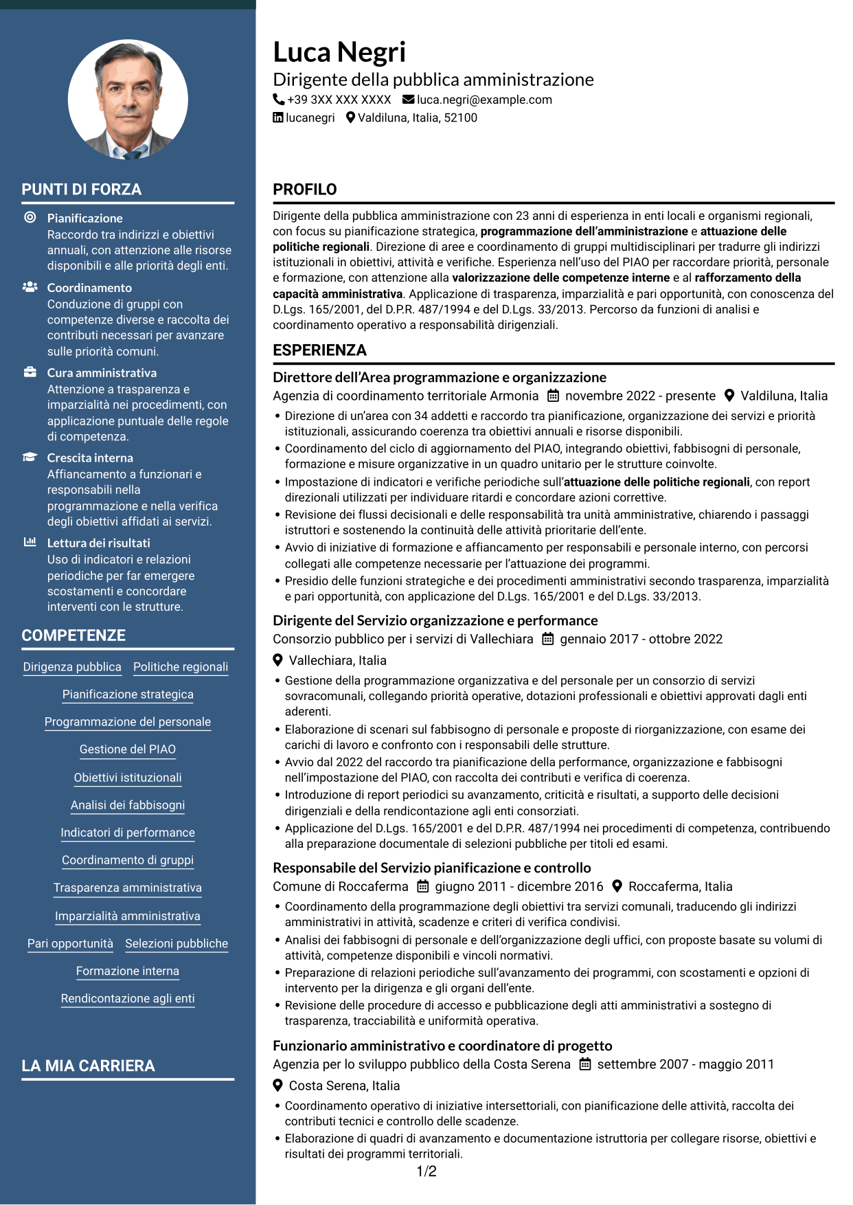 CV Elegante (formato con colonna laterale colorata e foto): Dirigente - Politiche regionali, pagina 1