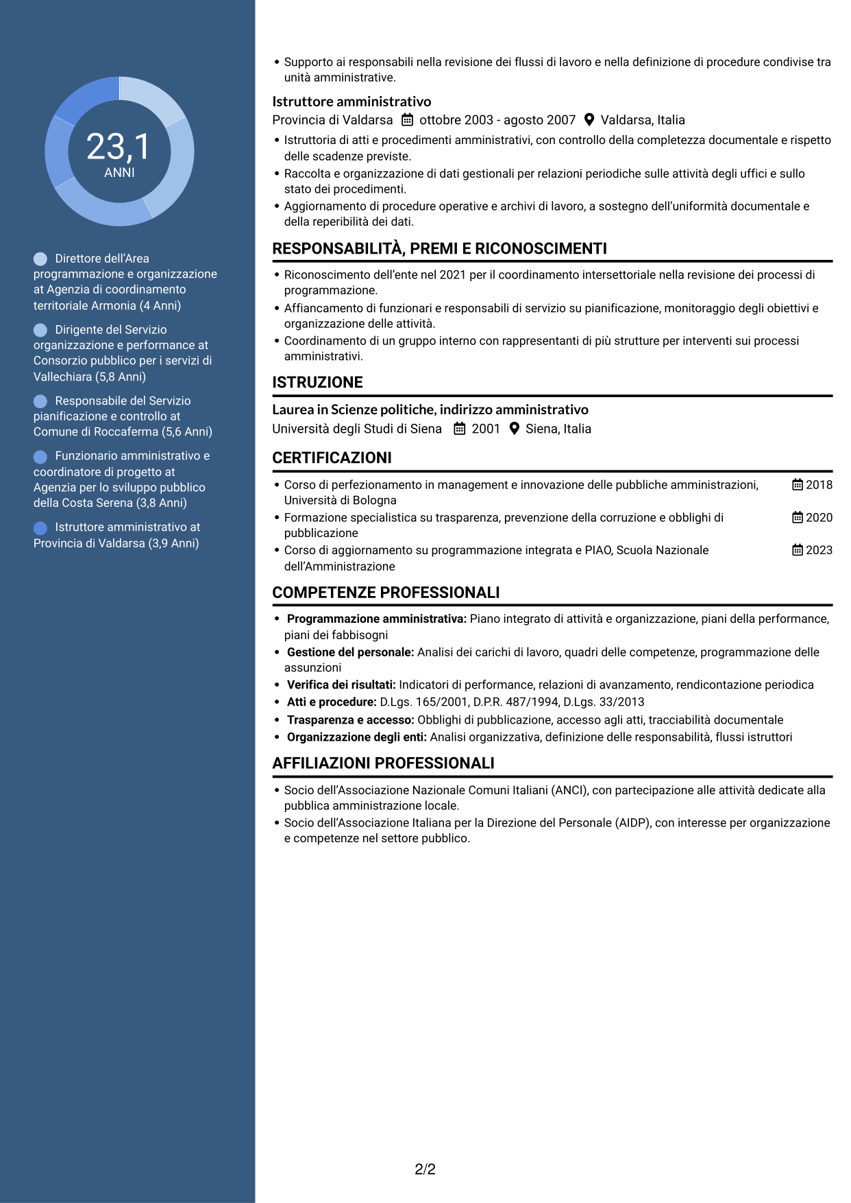 CV Elegante (formato con colonna laterale colorata e foto): Dirigente - Politiche regionali, pagina 2