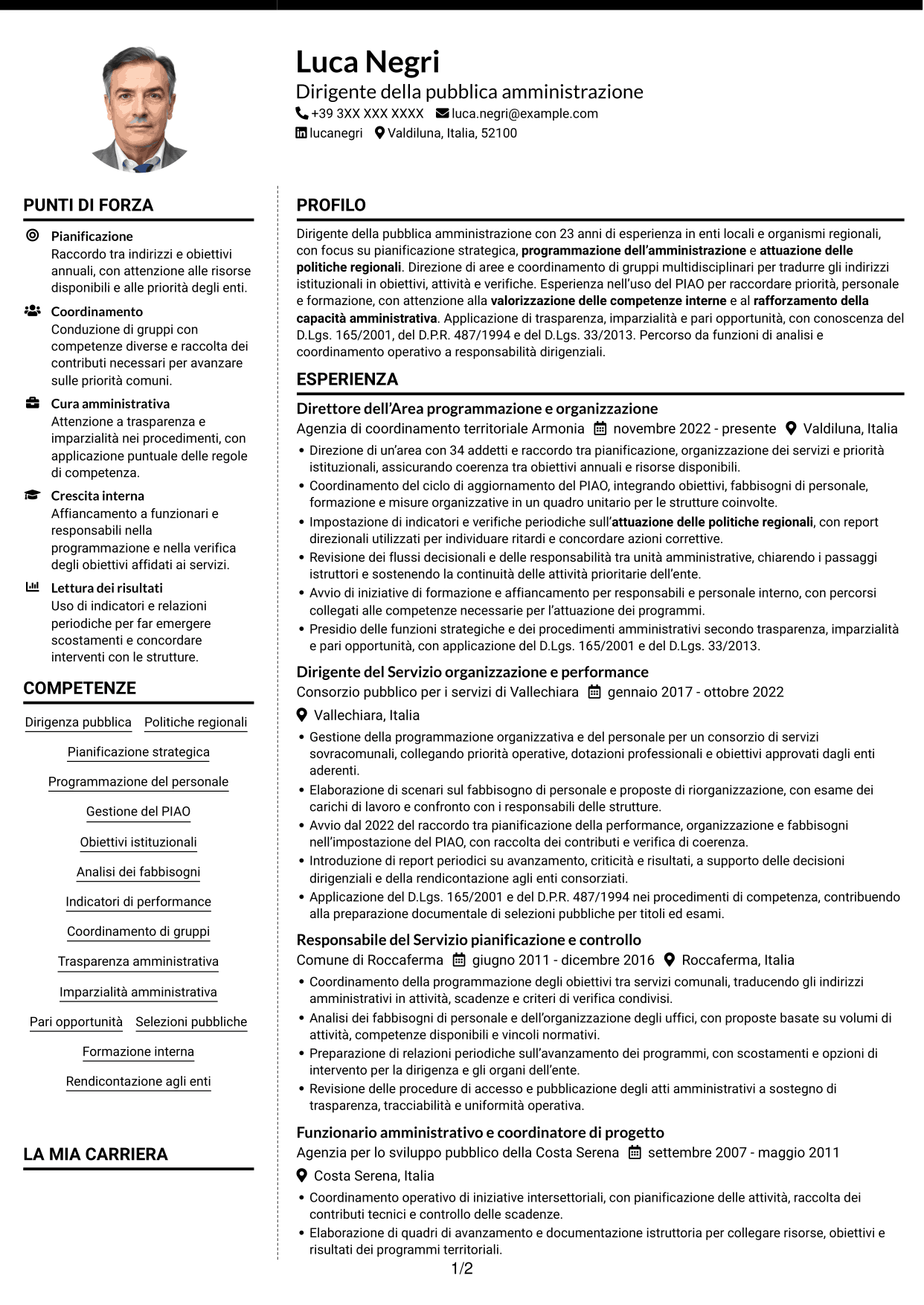 CV Moderno (formato a due colonne con foto a sinistra e separatore): Dirigente - Politiche regionali, pagina 1