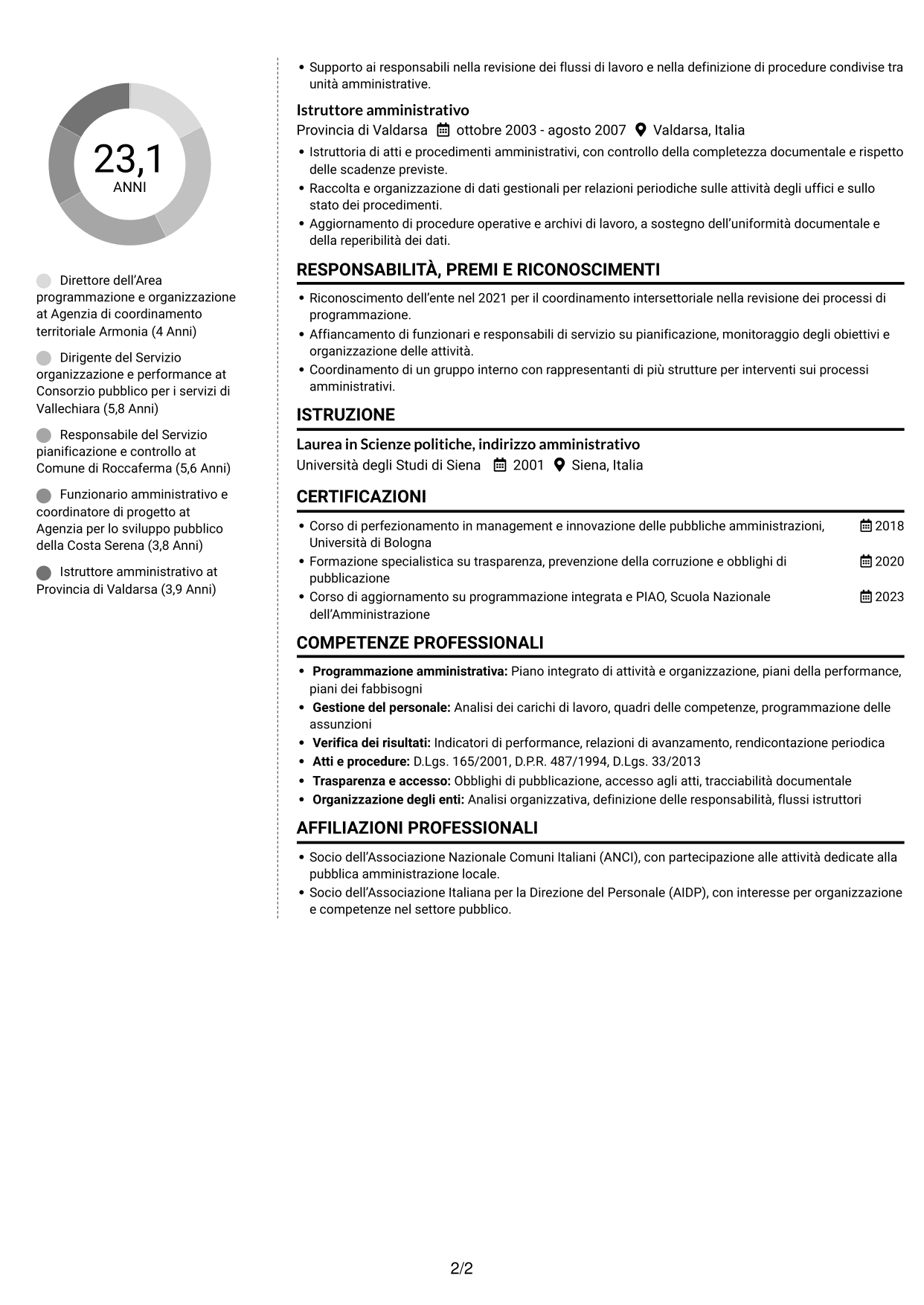 CV Moderno (formato a due colonne con foto a sinistra e separatore): Dirigente - Politiche regionali, pagina 2