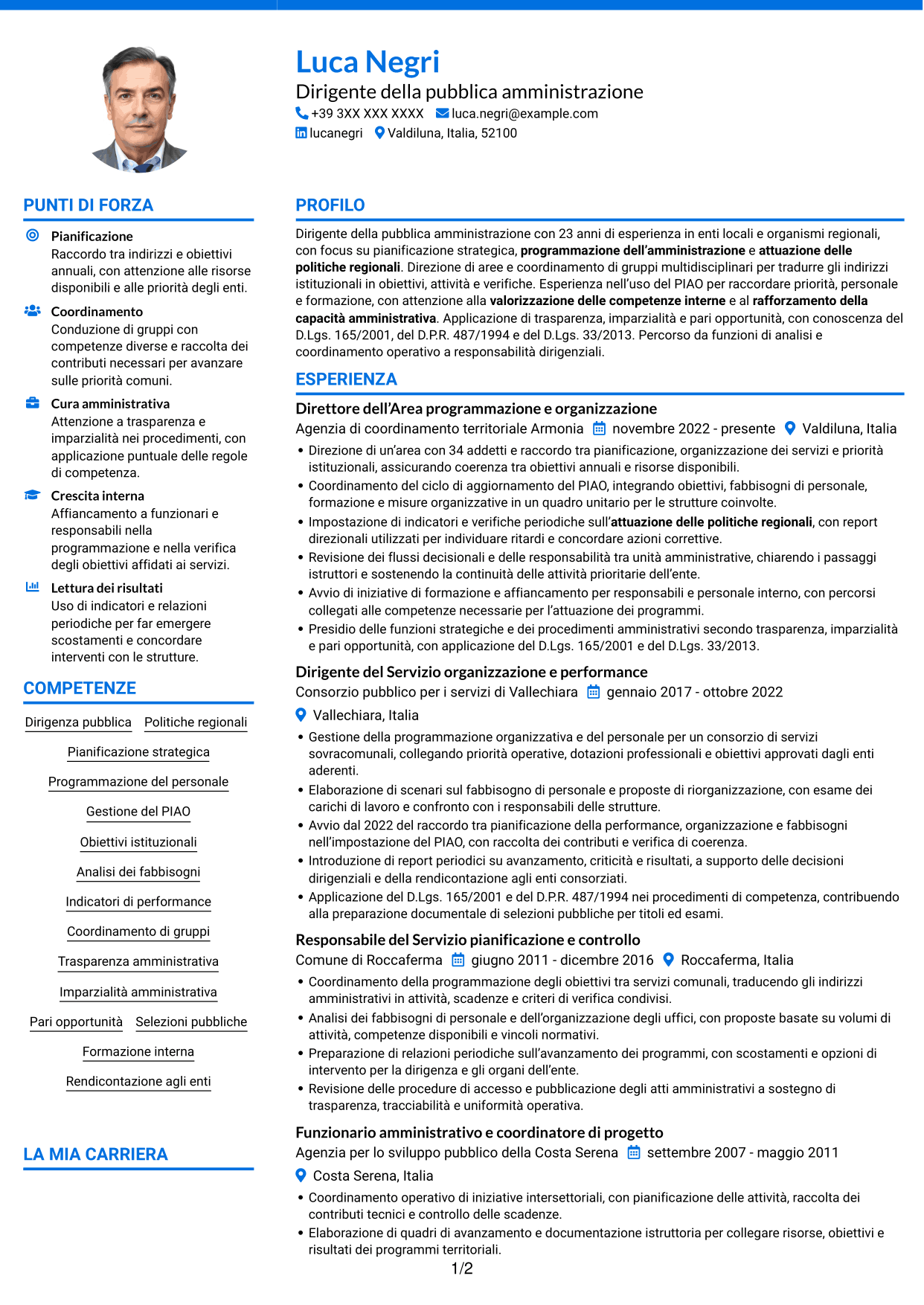 CV Audace (formato a due colonne con accenti colorati e foto): Dirigente - Politiche regionali, pagina 1