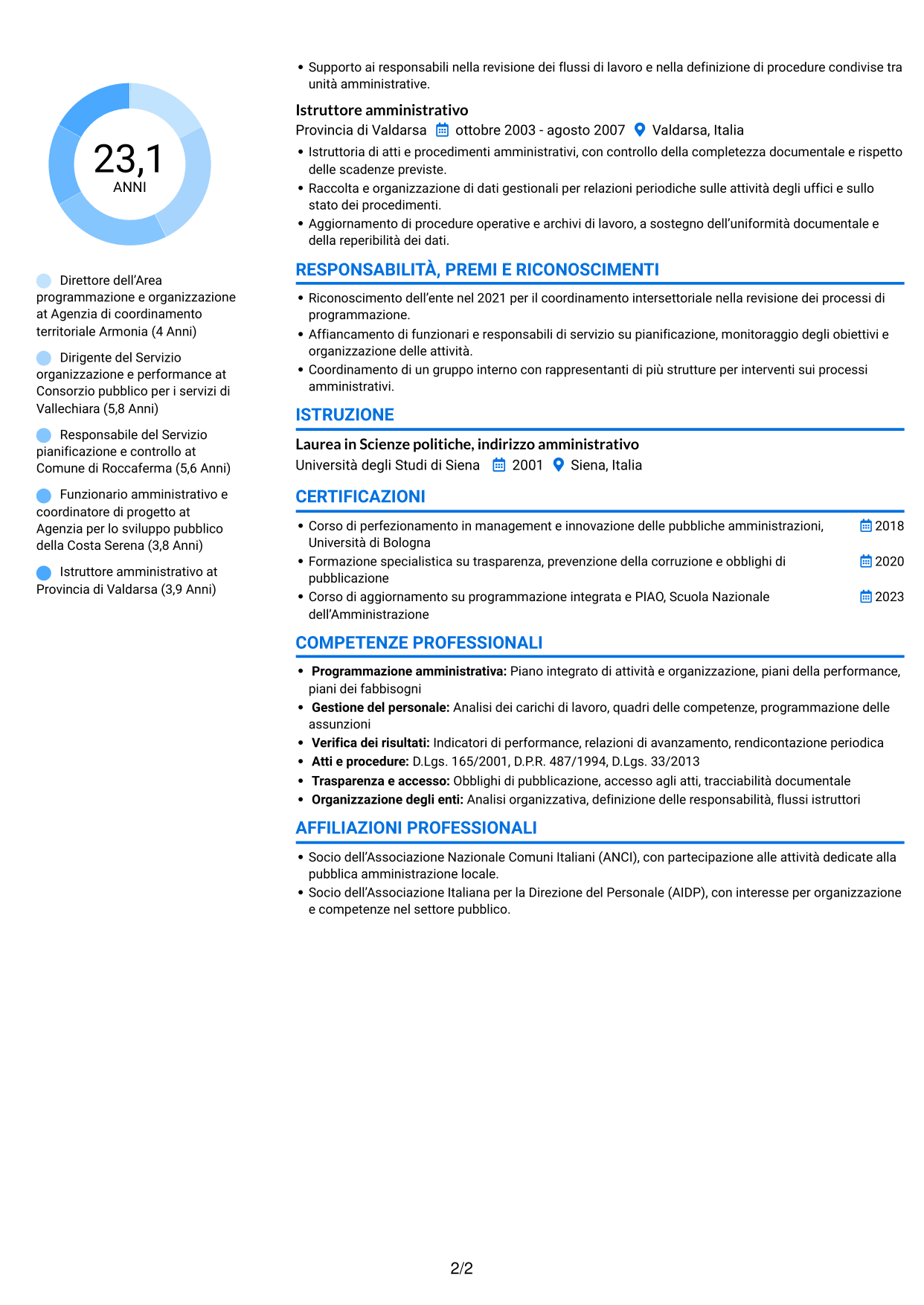 CV Audace (formato a due colonne con accenti colorati e foto): Dirigente - Politiche regionali, pagina 2