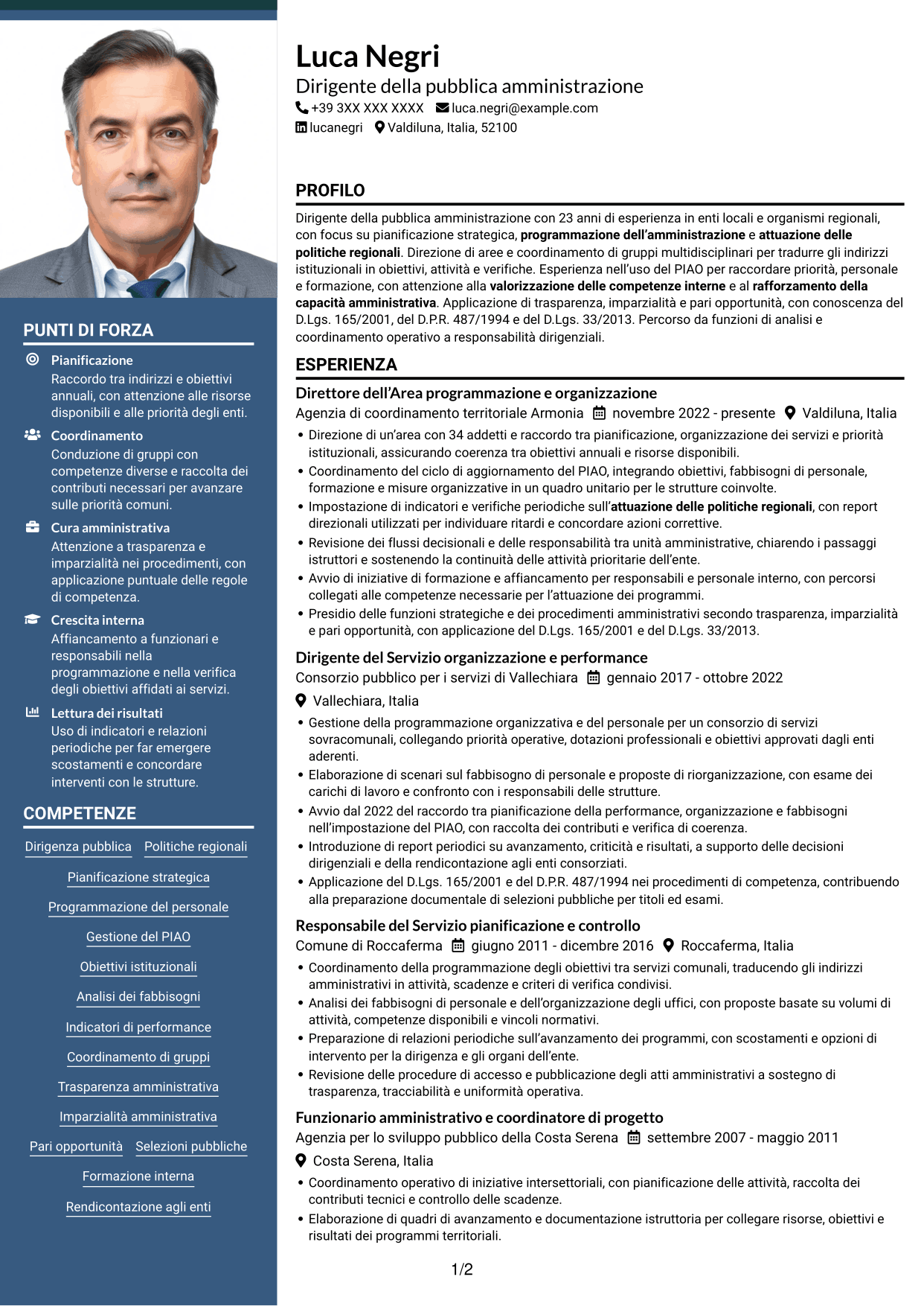 CV Signature (formato con colonna laterale colorata e foto grande): Dirigente - Politiche regionali, pagina 1