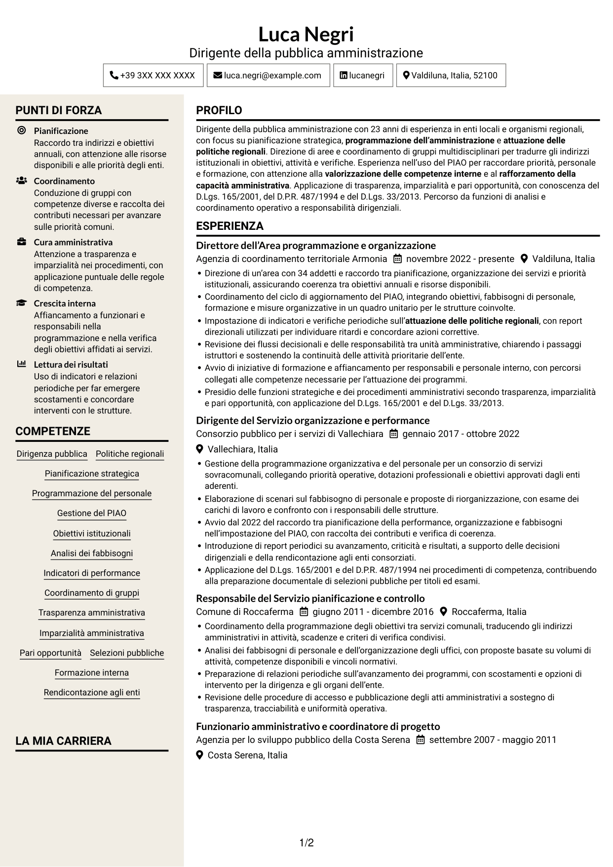 CV Intraprendente (formato a due colonne con intestazione centrata senza foto): Dirigente - Politiche regionali, pagina 1