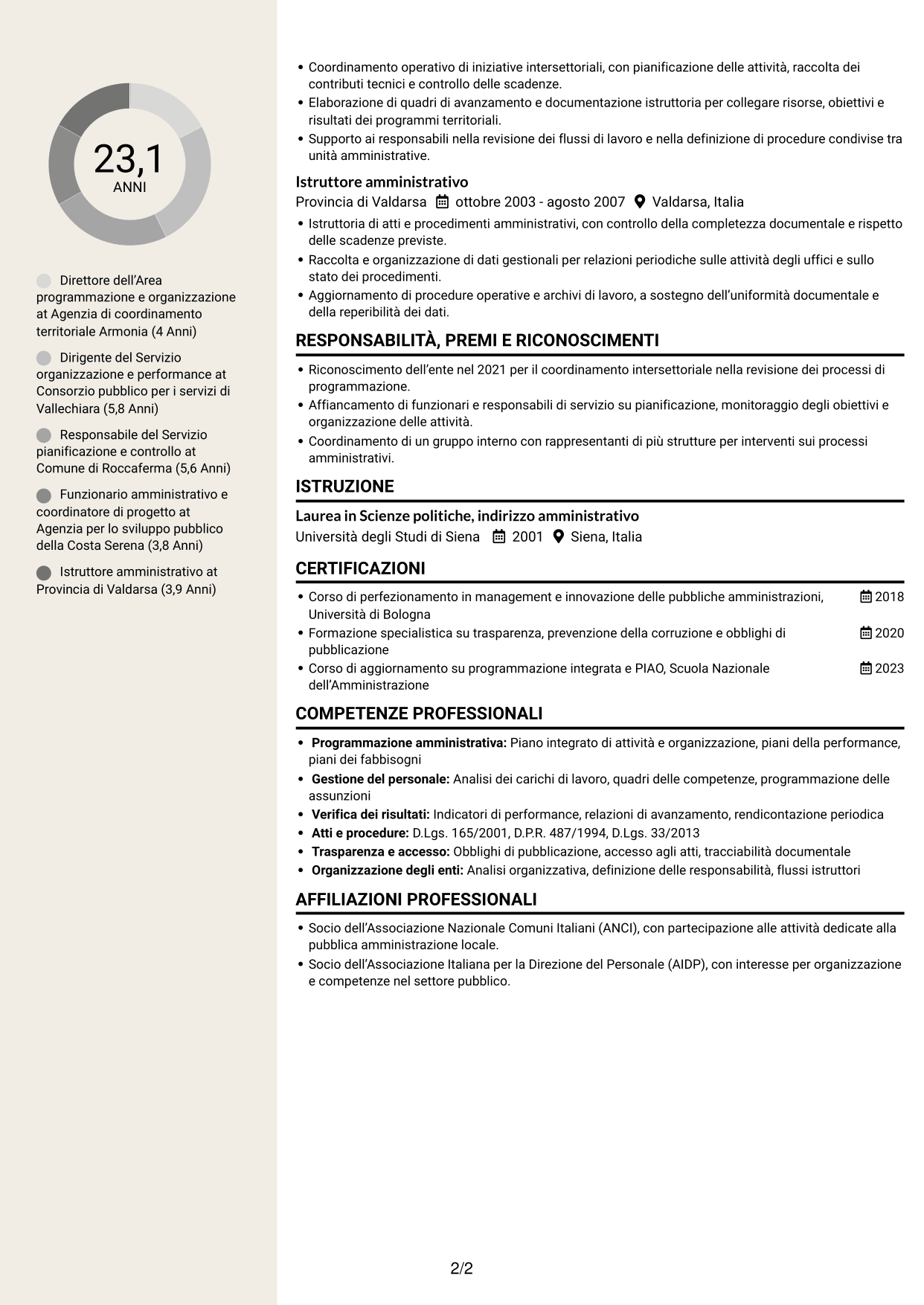 CV Intraprendente (formato a due colonne con intestazione centrata senza foto): Dirigente - Politiche regionali, pagina 2