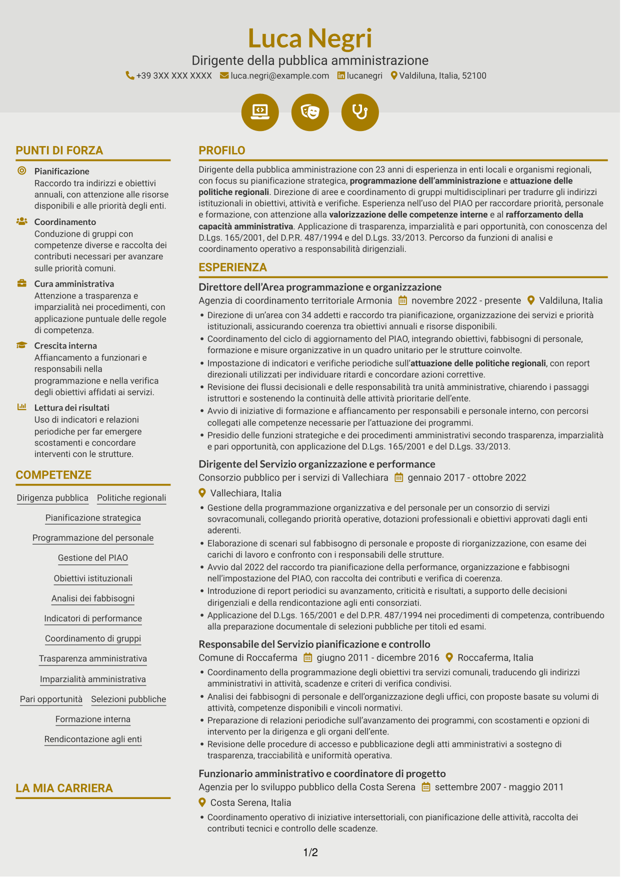 CV Dinamico (formato a due colonne con icone): Dirigente - Politiche regionali, pagina 1